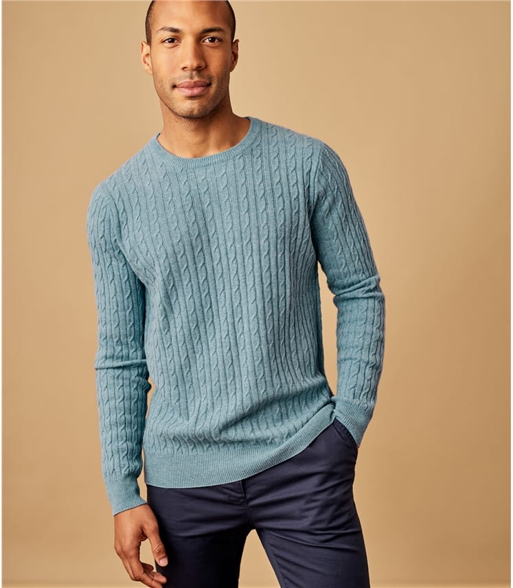 Kingfisher | Mens Cashmere & Merino Cable Crew Neck Jumper | WoolOvers AU