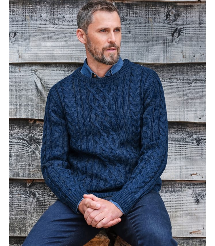 Indigo Navy Pure Wool Aran Knitted Jumper WoolOvers UK