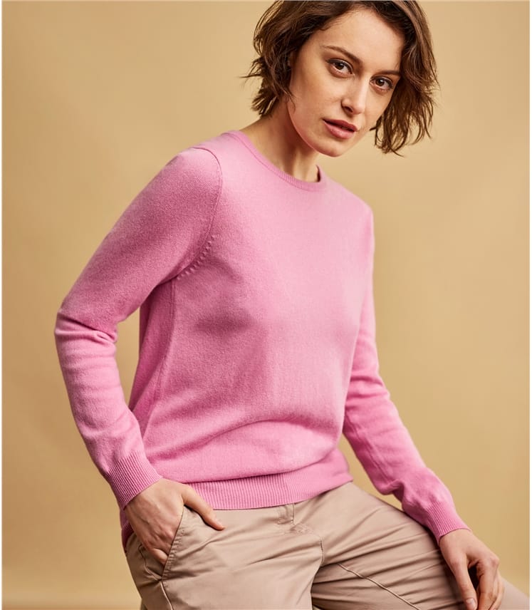 Rose romance Pull   col rond Femme Cachemire  