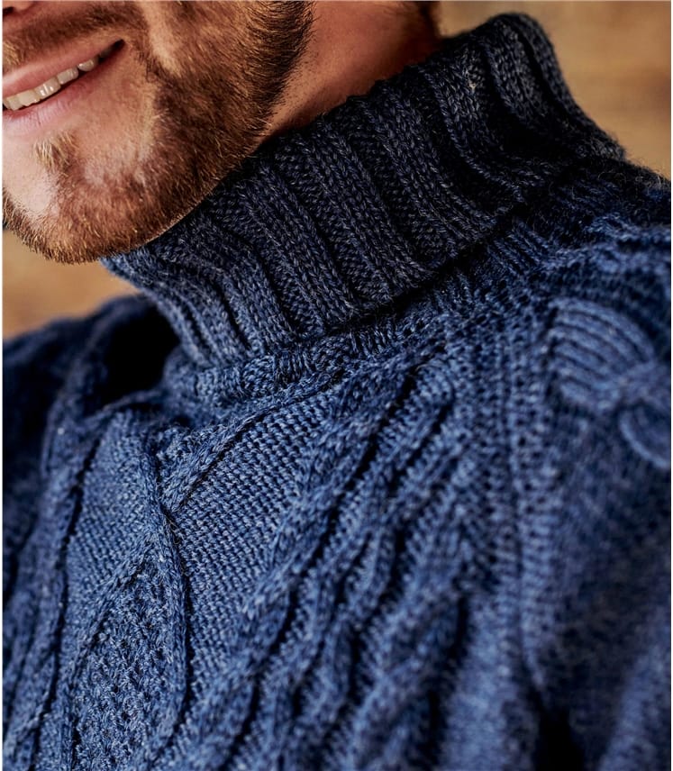 Pure Wool Knitted Aran Polo Neck Jumper