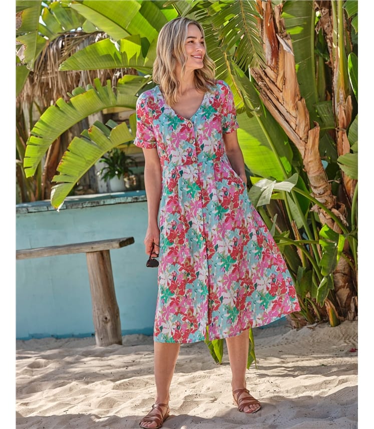 Robe boutonnée en lin à col en V - Femme