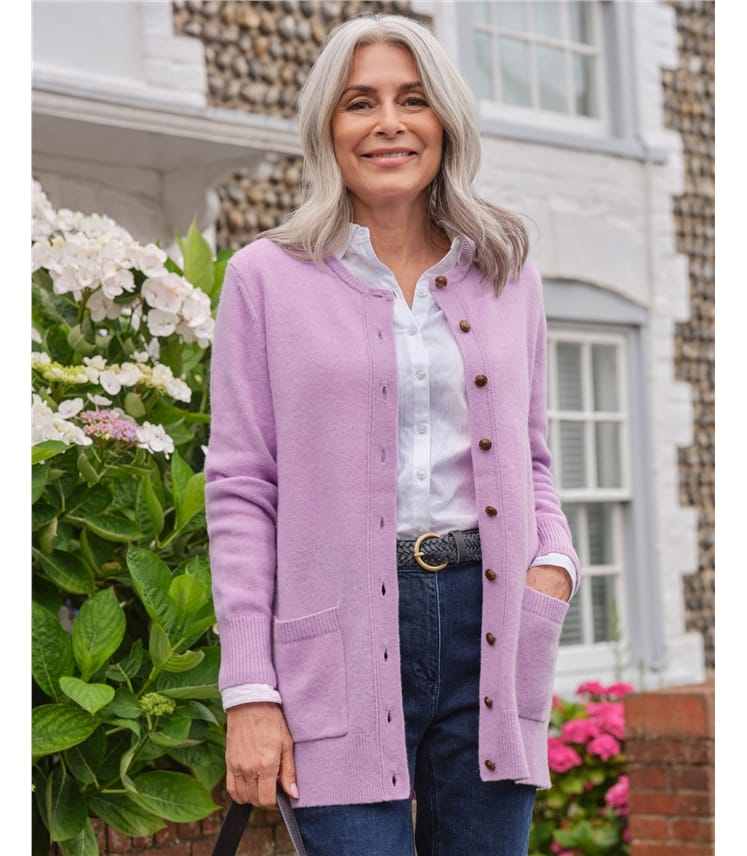 Lilac Lambswool Ladies Crew Neck Cardigan WoolOvers UK