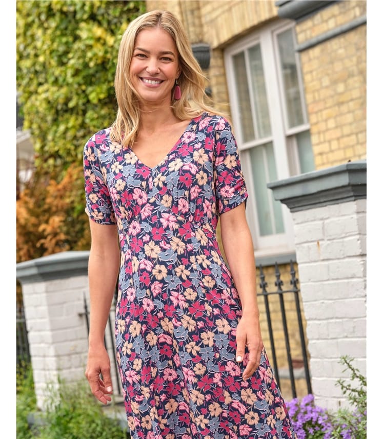 Gathered Sleeve V Neck Midi Tea Dress