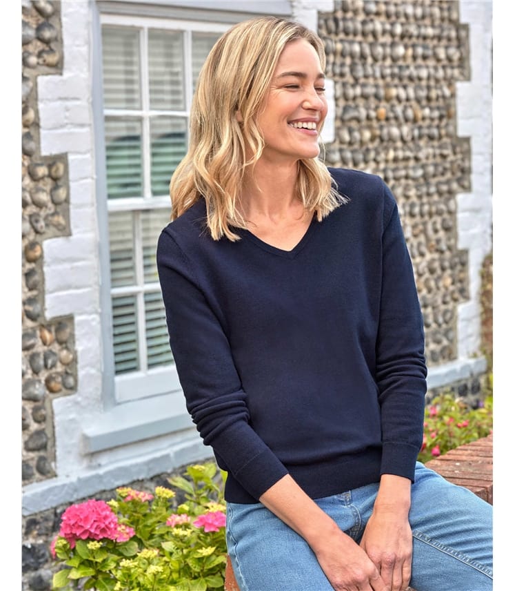 Pull col V en coton et cachemire - Femme