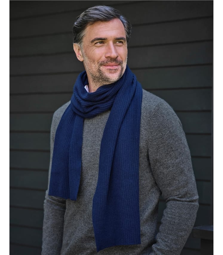 Bright Navy | Mens Pure Cashmere Ribbed Scarf | WoolOvers UK