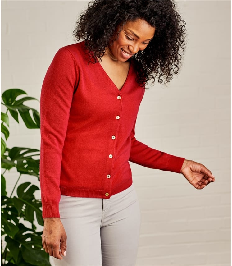 Red Womens Cashmere Merino Luxurious V Neck Cardigan WoolOvers AU   E06cf 19996 A60l Red W 1 