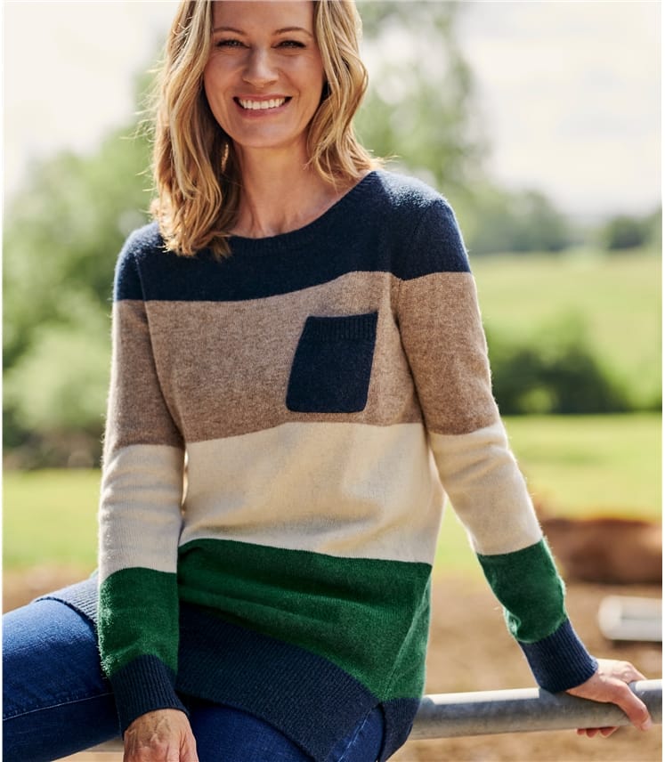 Green/Pepper/Cream/Navy | Lambswool Wide Stripe Color Block Sweater ...