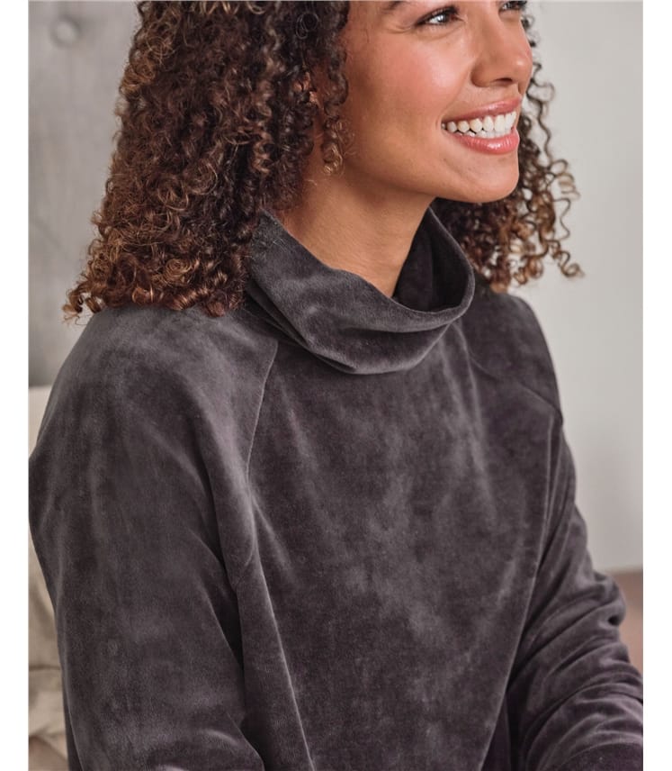 Charcoal Reserve Velour Cowl Neck Drawstring Sweatshirt WoolOvers UK