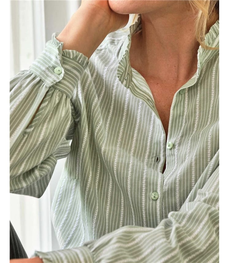 Washed Cotton Poplin Frilled Stand Collar Shirt