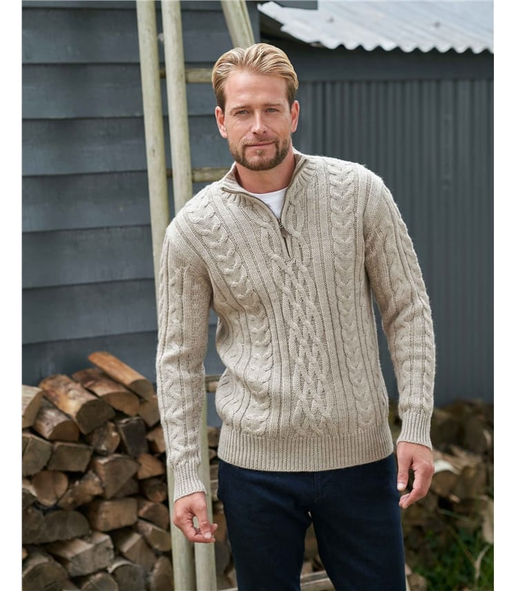 Pullover mit Aran-Zopfmuster und kurzem Reißverschluss aus reiner Wolle für Herren