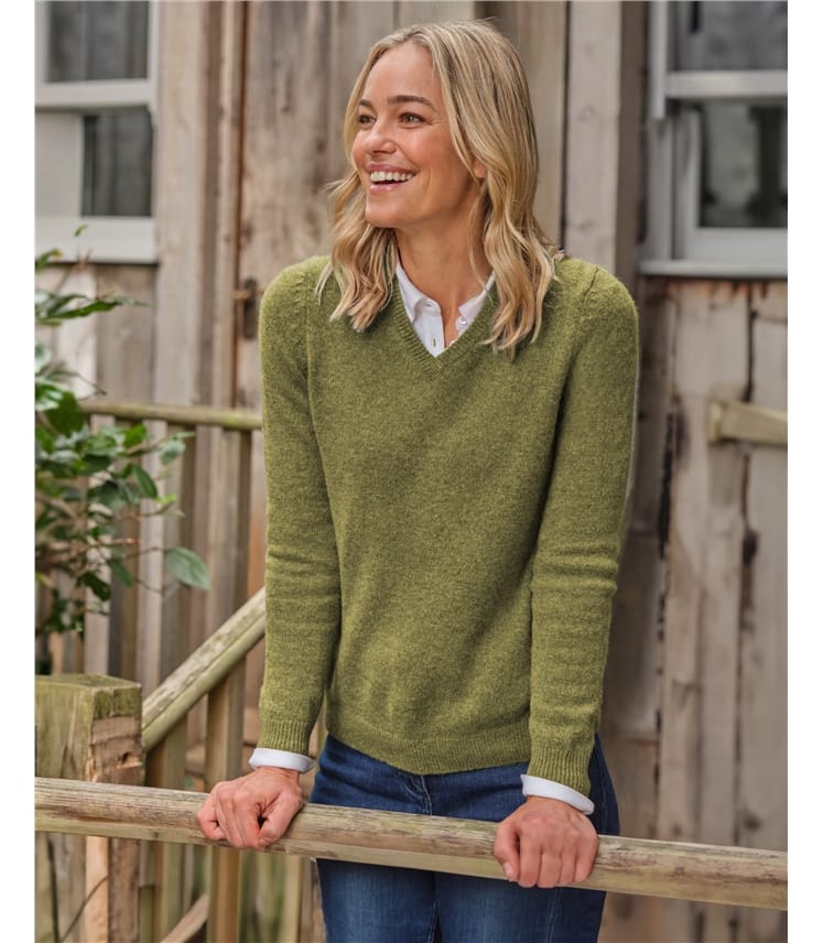 Soft Olive Womens Lambswool V Neck Jumper WoolOvers AU