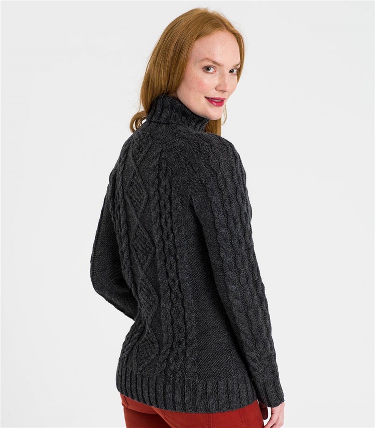 Anthrazit Pullover Mit Aran Muster Und Rollkragen Aus Reiner Wolle