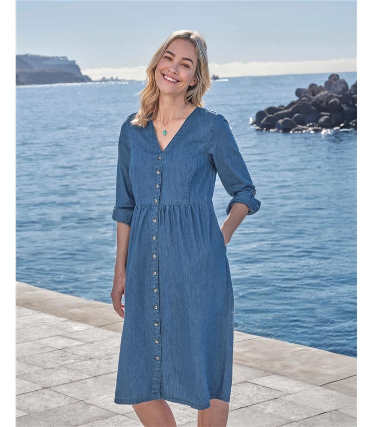 Button Through 3/4 Sleeve Denim Dress