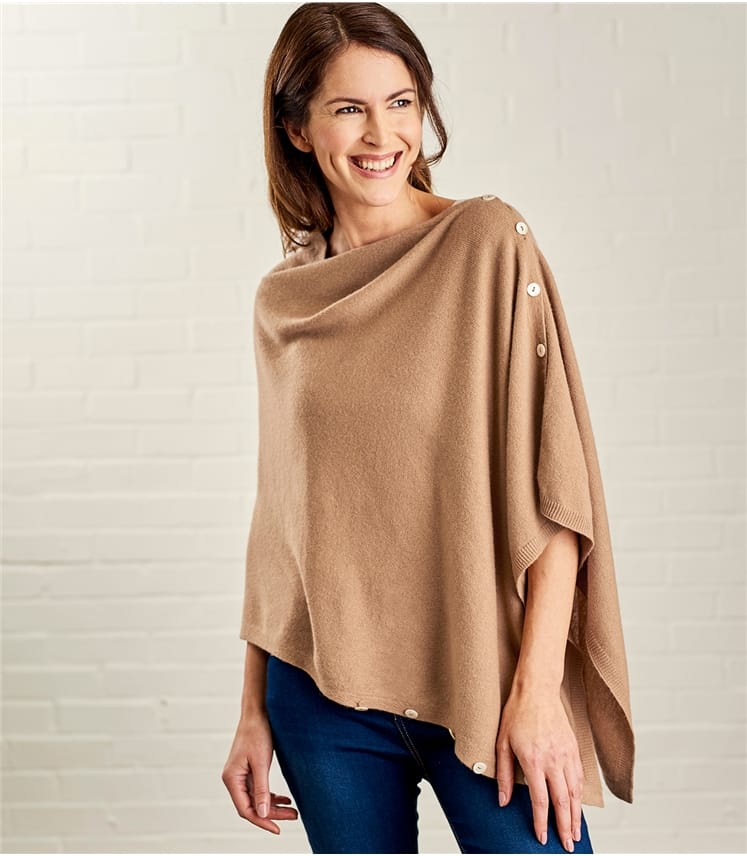 Camel | Womens Cashmere & Merino Button Poncho | WoolOvers US