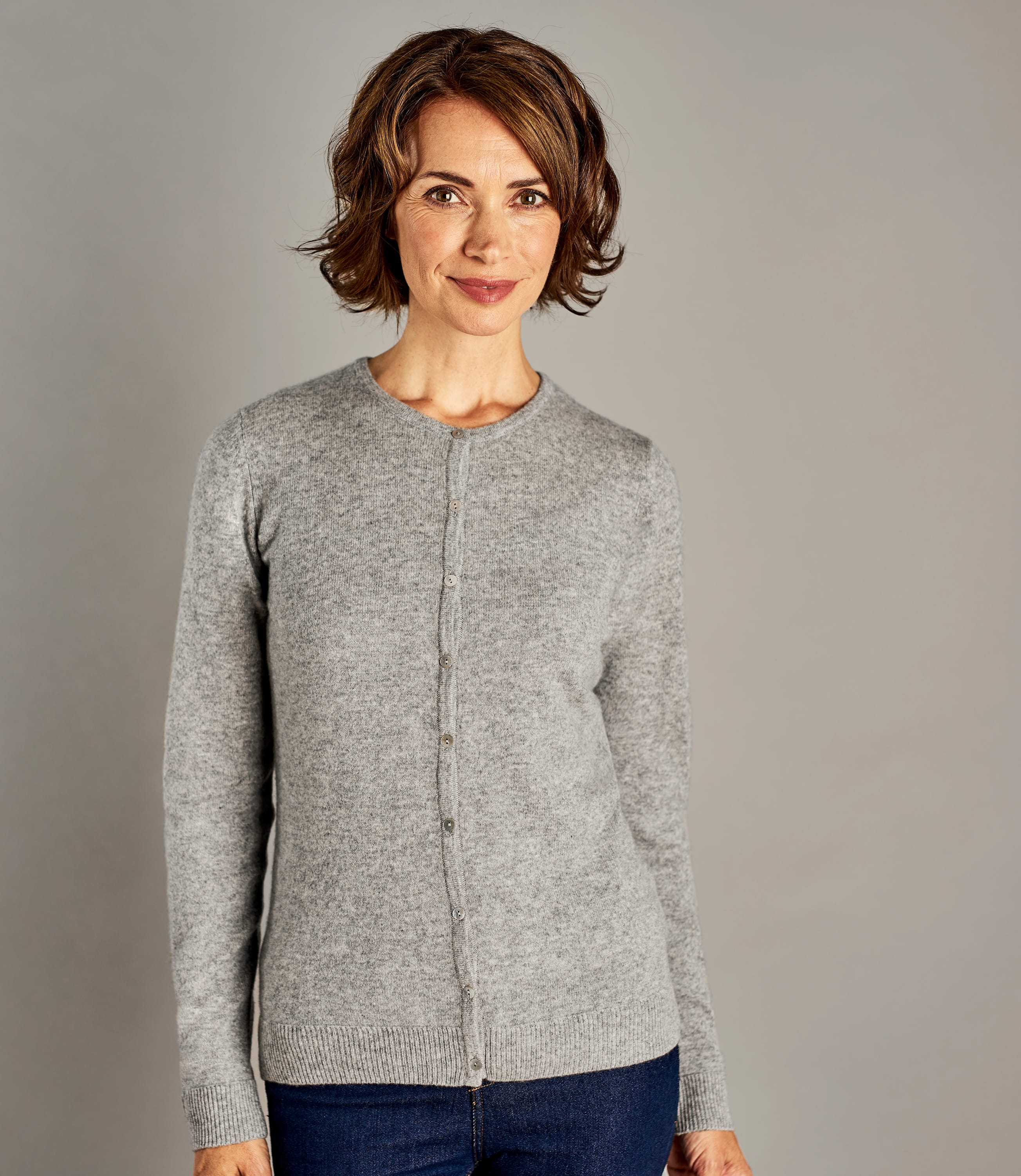 Grey Marl | Womens Pure Cashmere Crew Neck Cardigan | WoolOvers UK