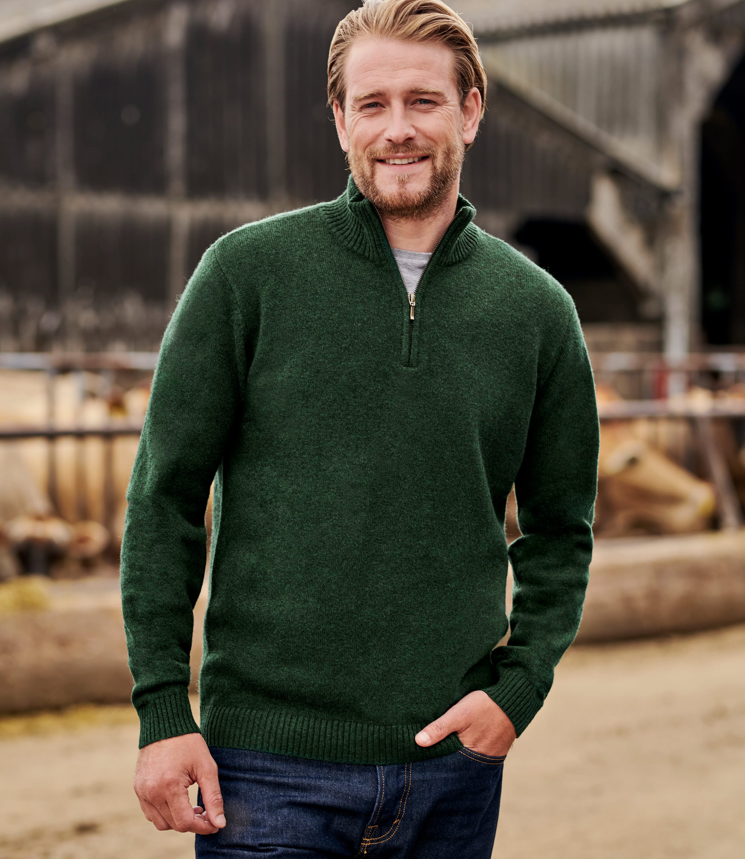 Seaweed Pure Lambswool | Mens Lambswool Zip Neck Jumper