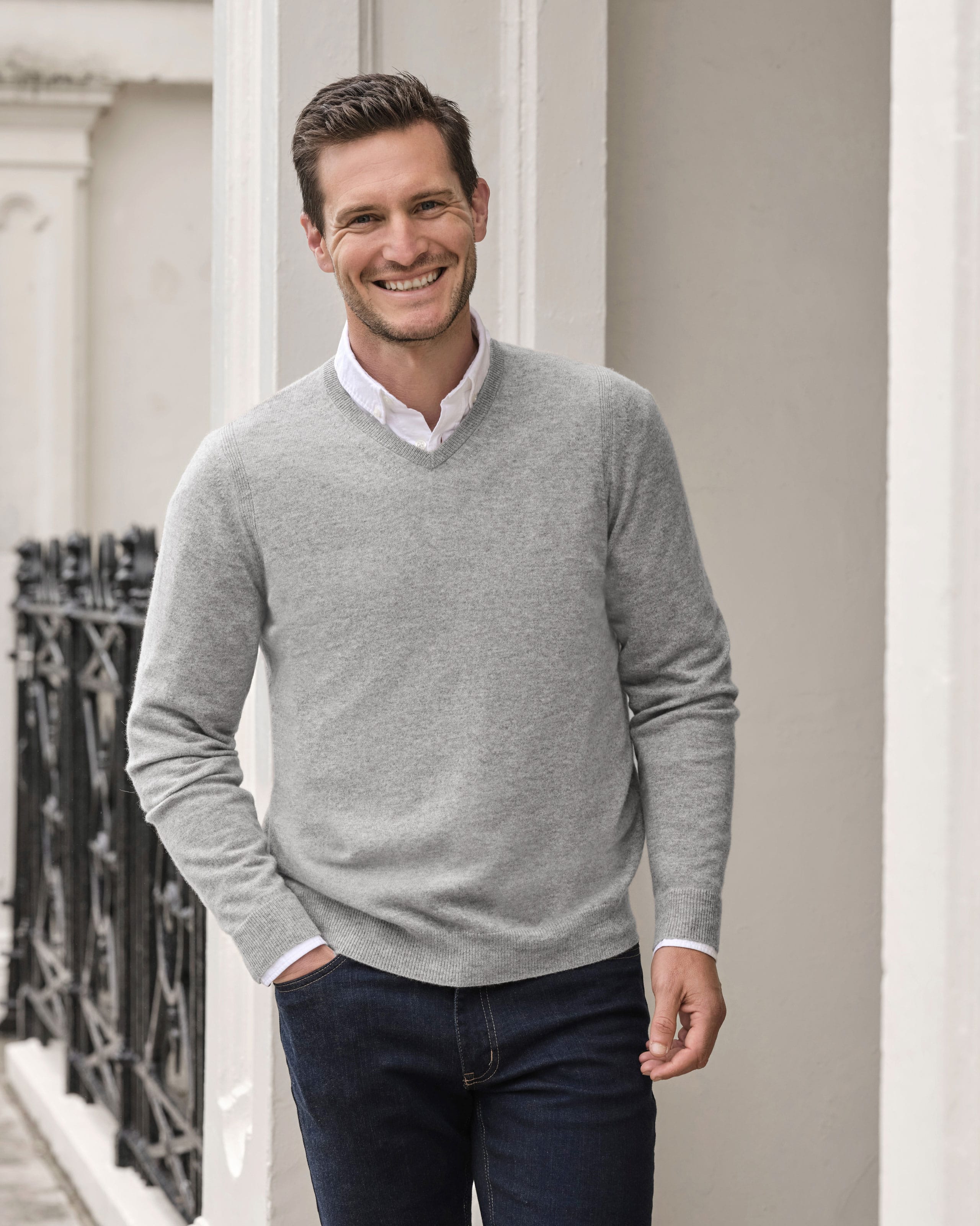 Heather Grey Mens Cashmere V Sweater WoolOvers UK