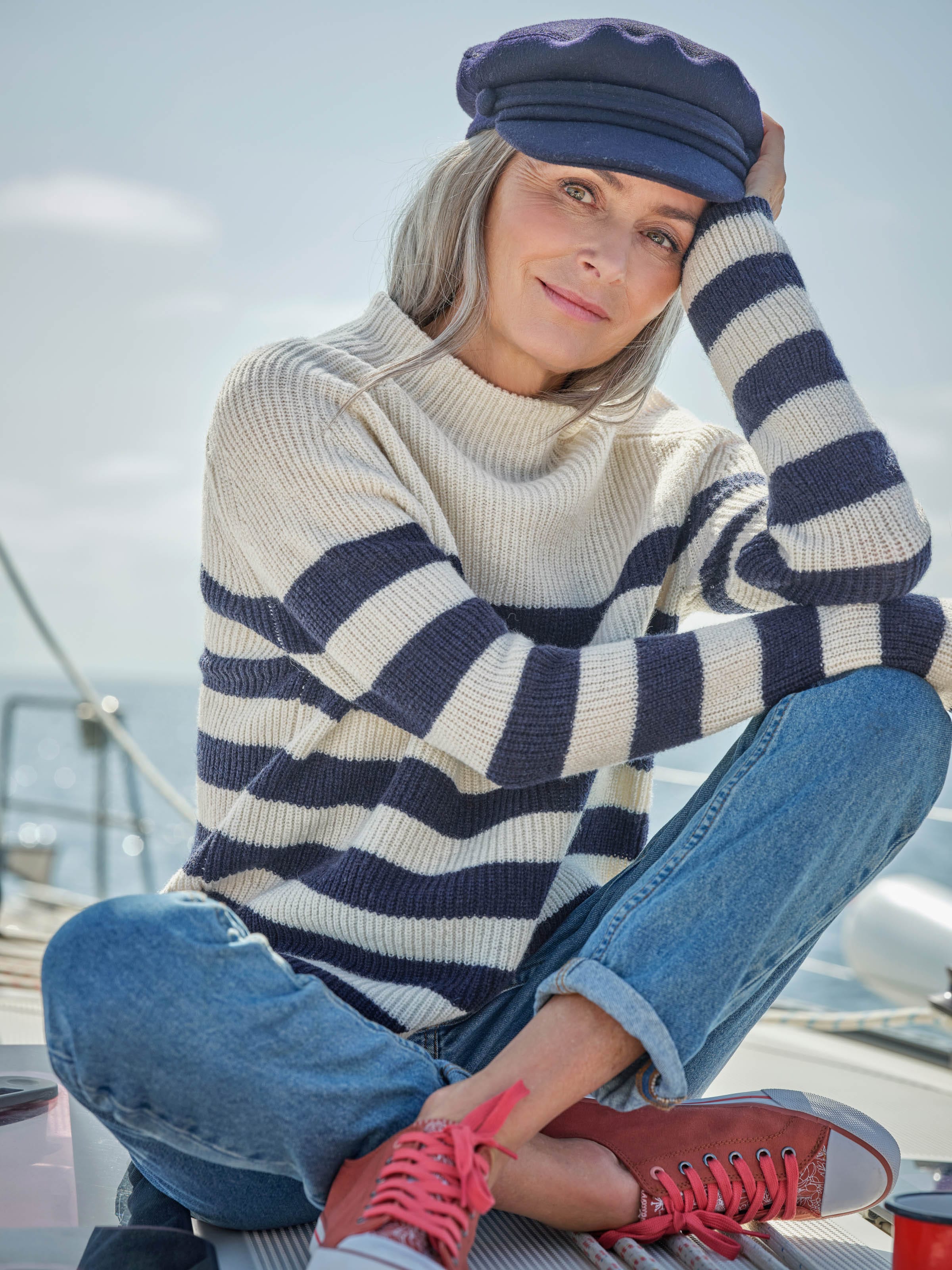 Creme/Navy | Bretonischer Pullover mit Breiten Streifen | Woolover DE