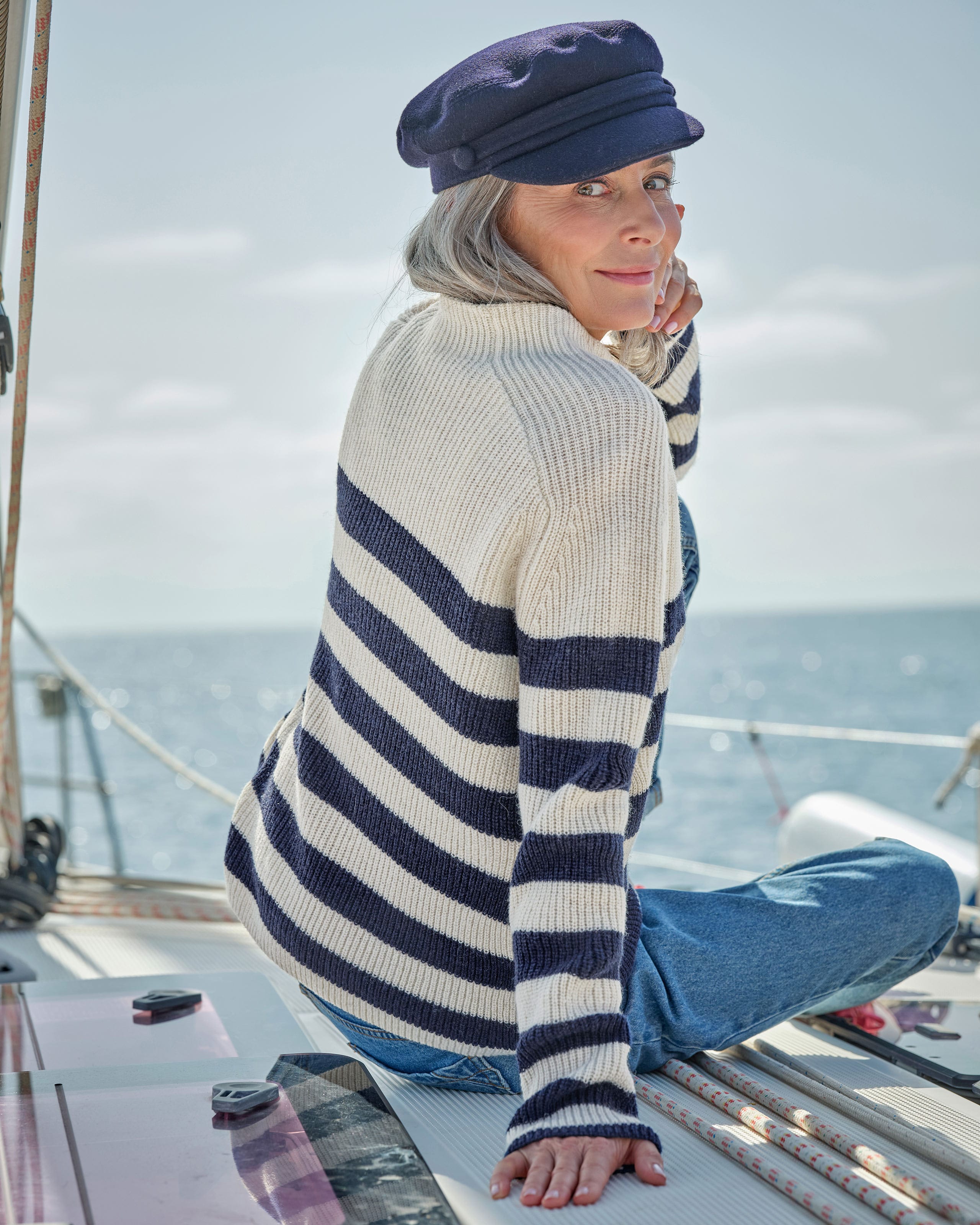 Creme/Navy | Bretonischer Pullover mit Breiten Streifen | Woolover DE