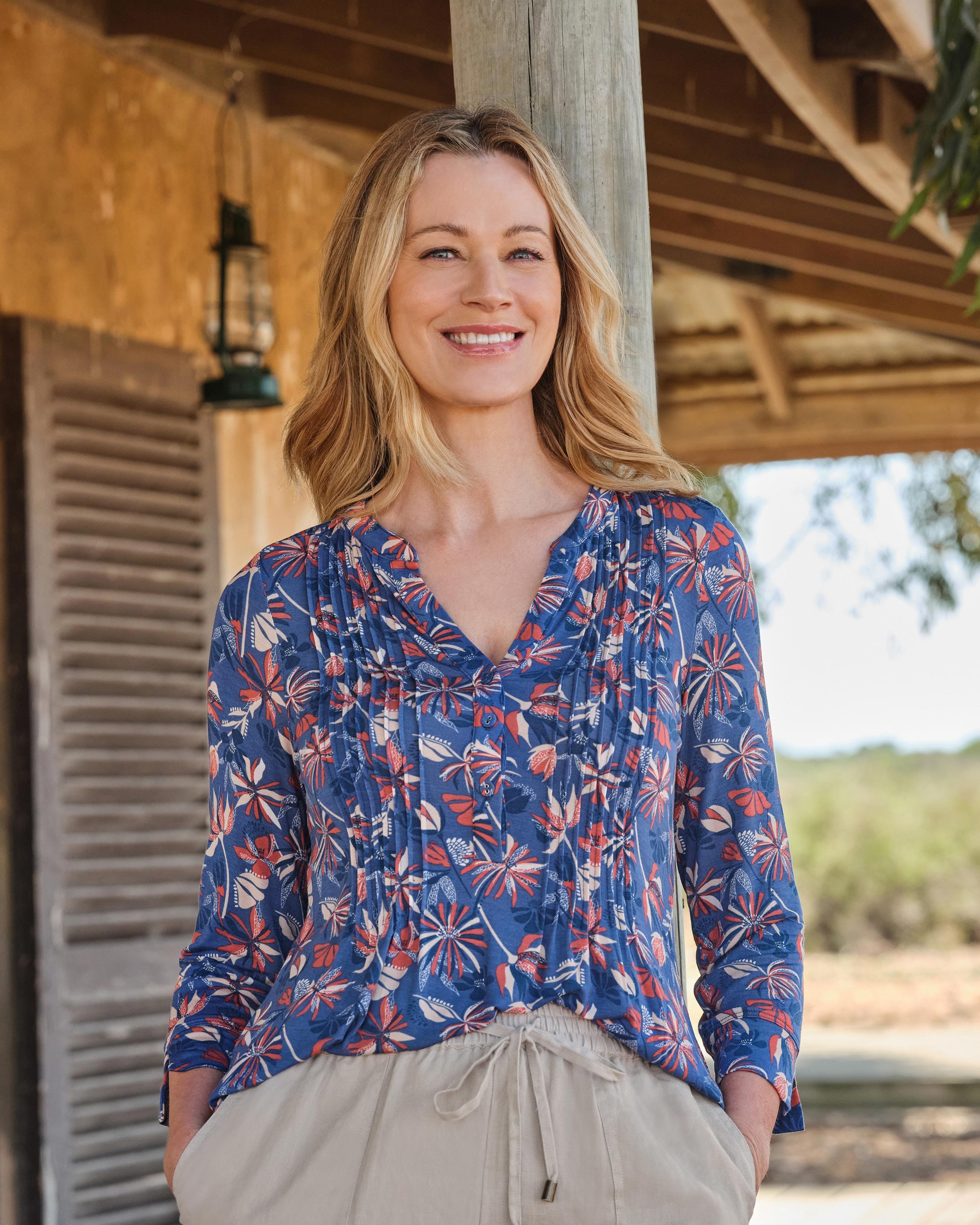 Multi Desert Floral Print Pintuck Longline Shirt WoolOvers AU
