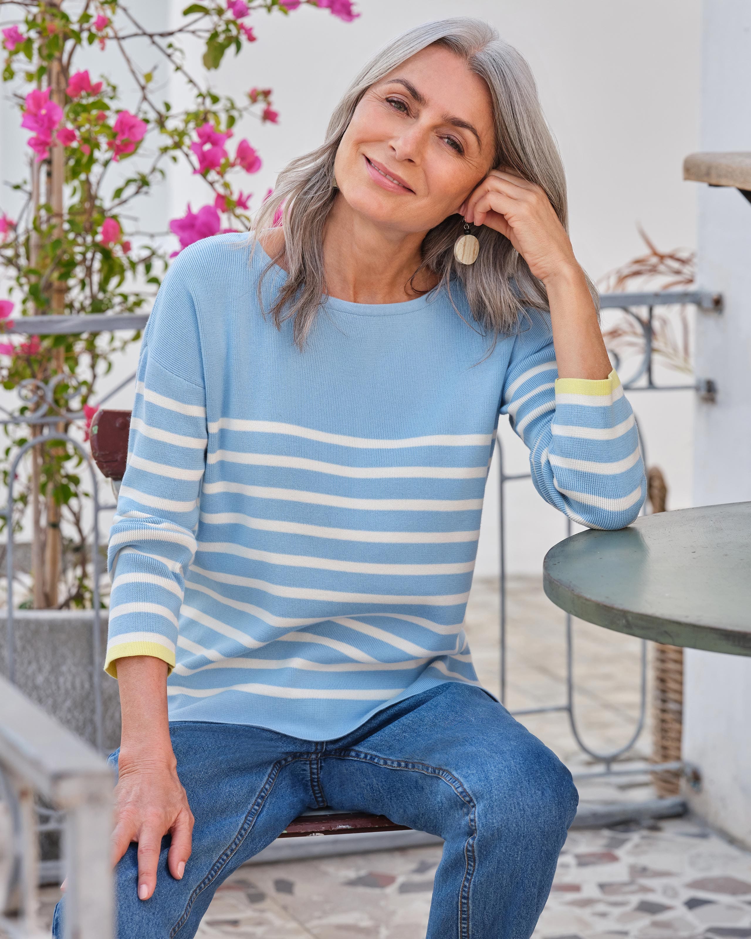 Blau/Creme | Bretonischer Streifenpullover mit Knopfleiste | WoolOvers DE