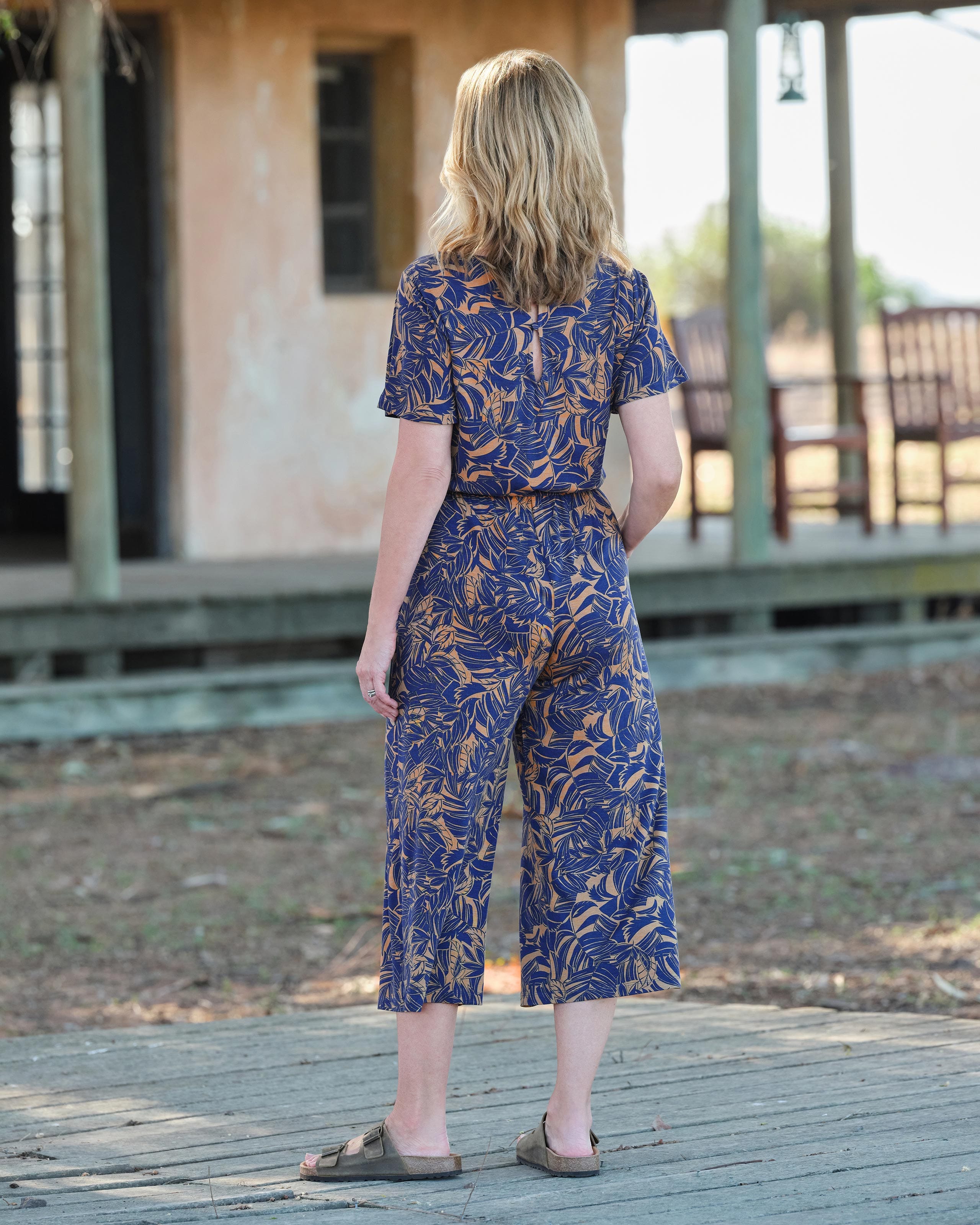Bold Leaf Print | Angel Sleeve Tie Waist Culottes Jumpsuit | WoolOvers UK