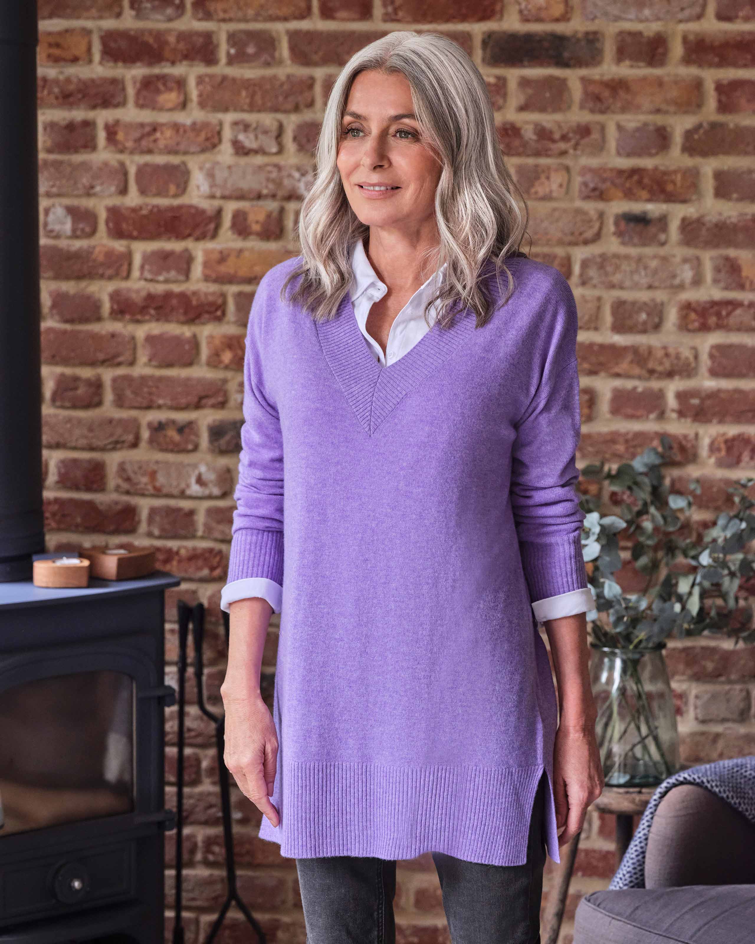 Lilac Marl Cashmere Merino Deep V Neck Tunic Woolovers Us