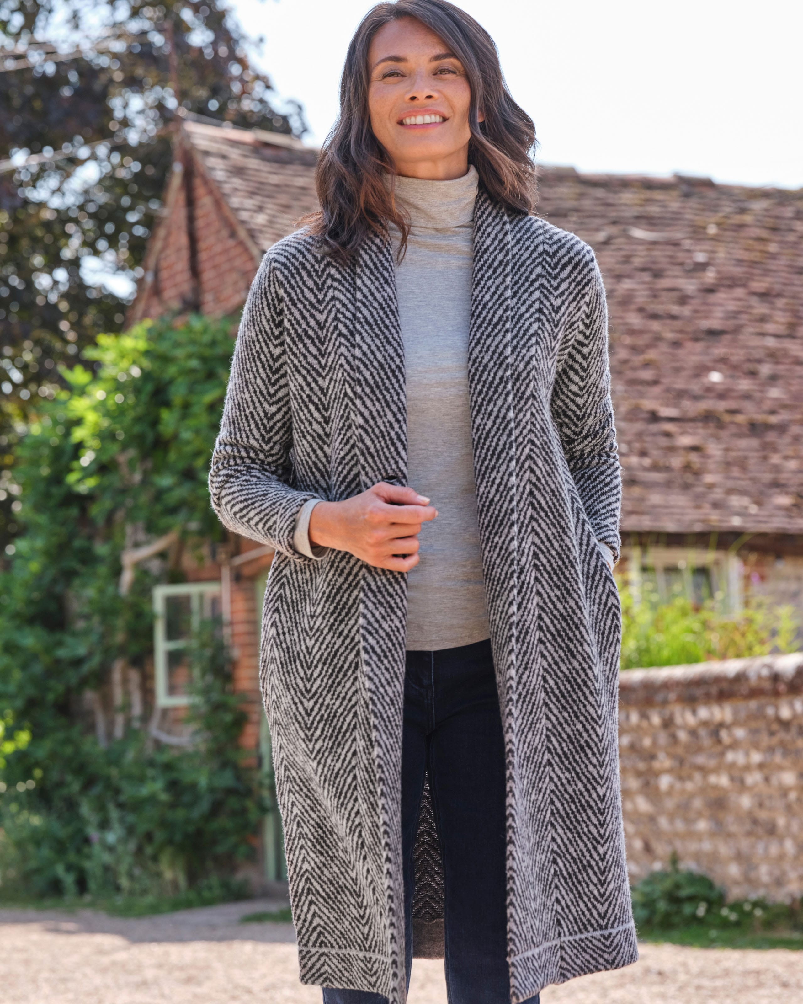 Grey/Charcoal | Herringbone Button Coatigan | WoolOvers UK