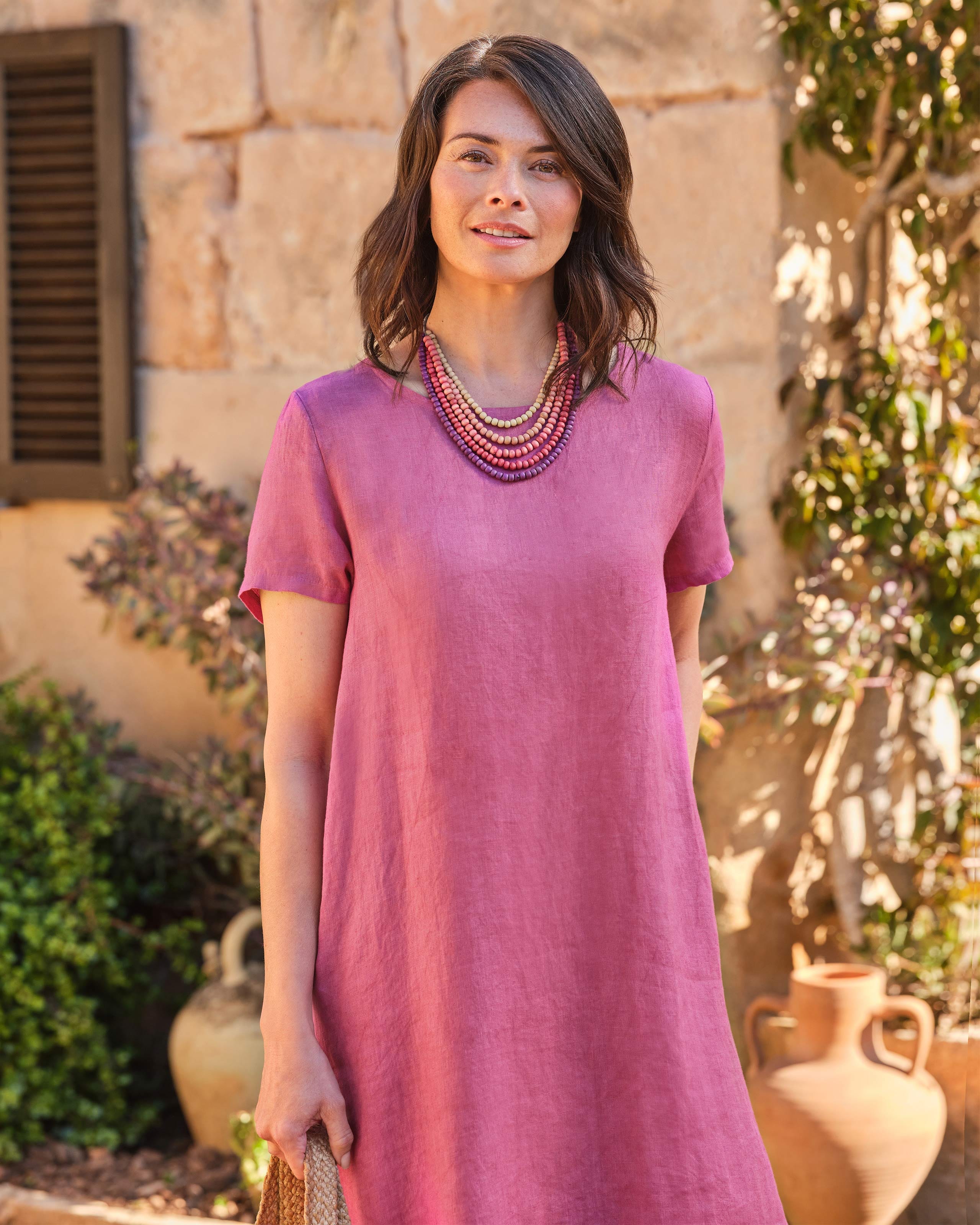 Magenta Pink | Simple Linen Curved Hem Tunic | WoolOvers UK