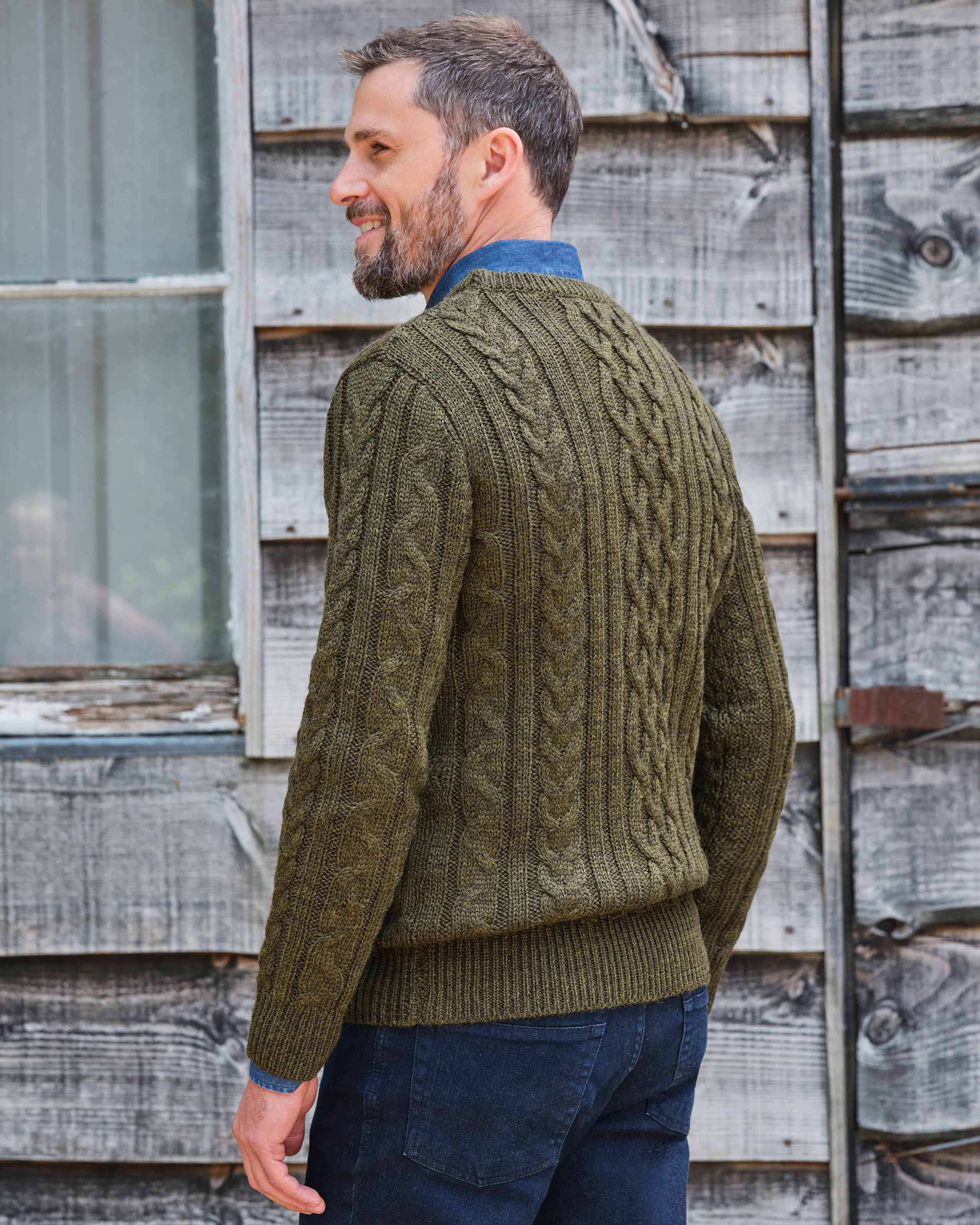 Dark Moss Green | Pure Wool Aran Knitted Jumper | WoolOvers UK