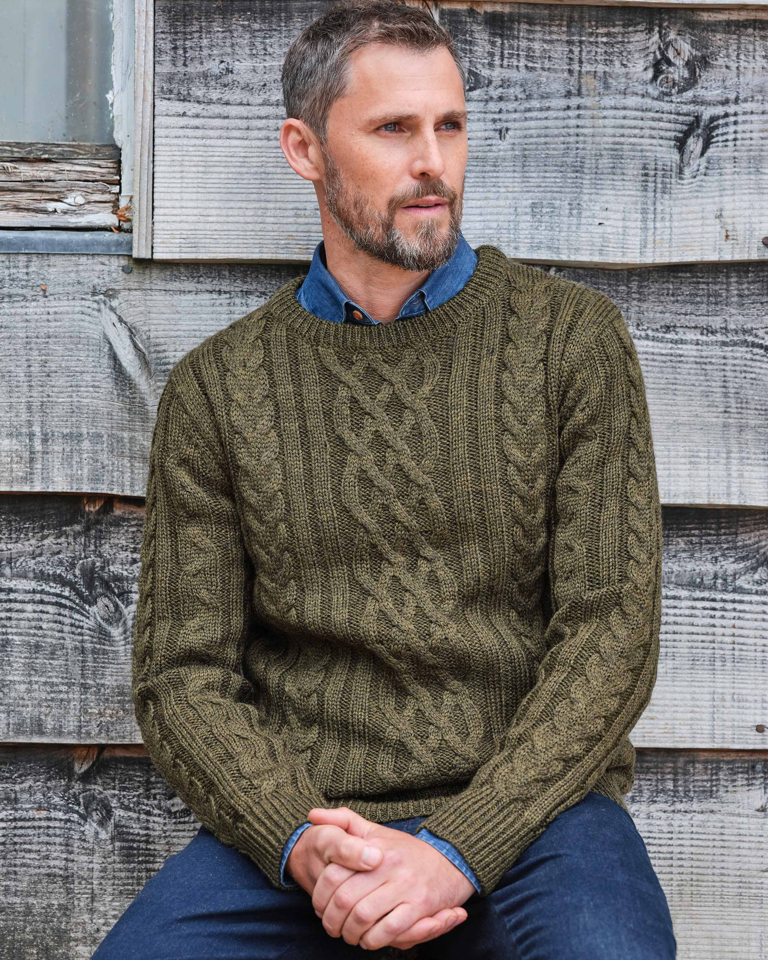 Dark Moss Green | Pure Wool Aran Knitted Jumper | WoolOvers UK