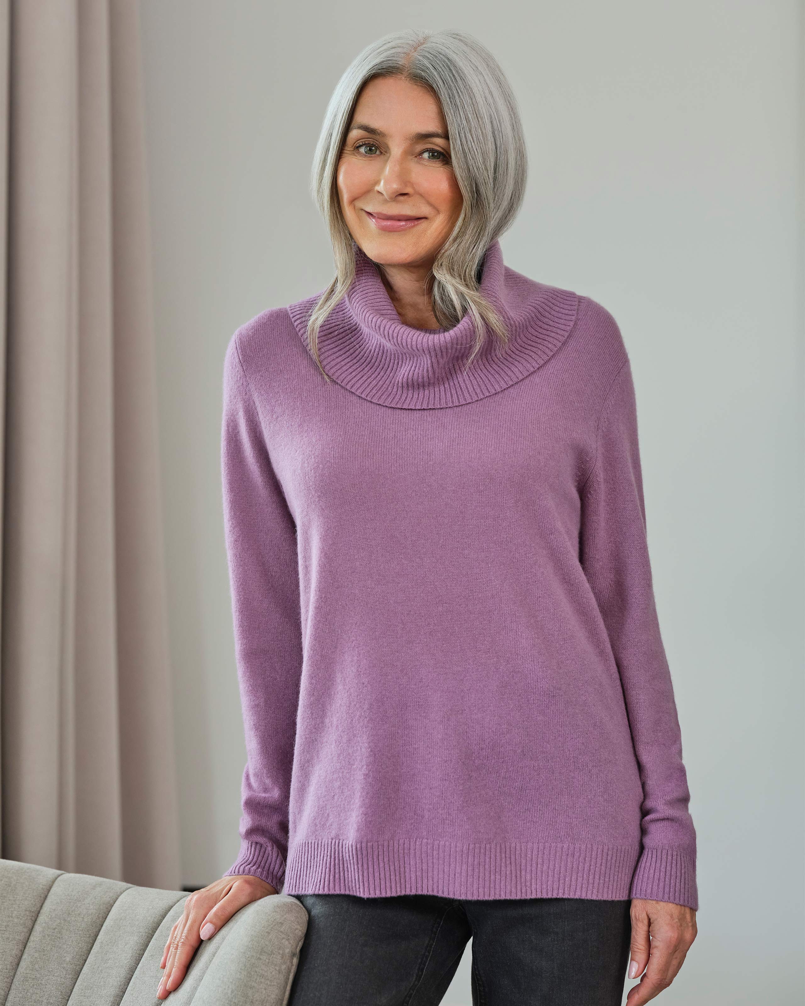 Glass Grey Pure Cashmere Cowl Neck Sweater Woolovers Us