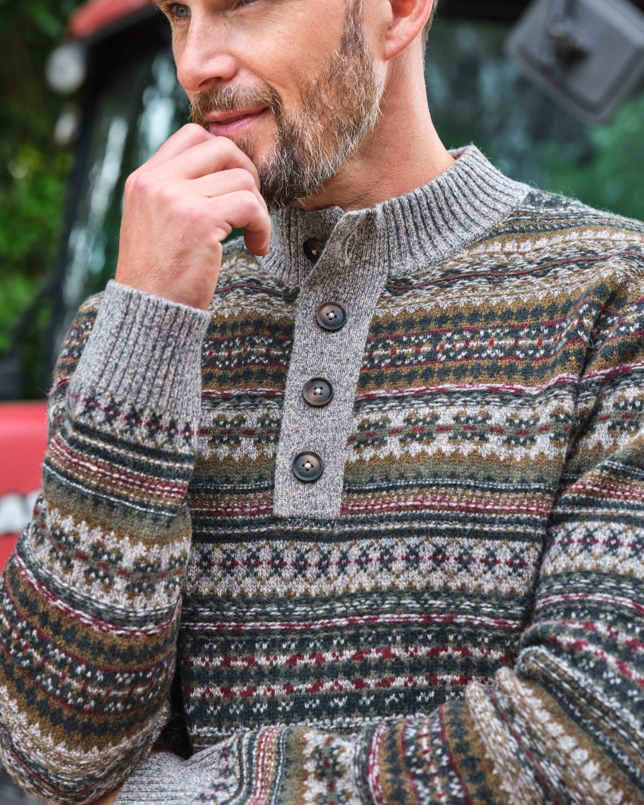 Green Multi | Button Neck Fairisle Jumper | WoolOvers UK