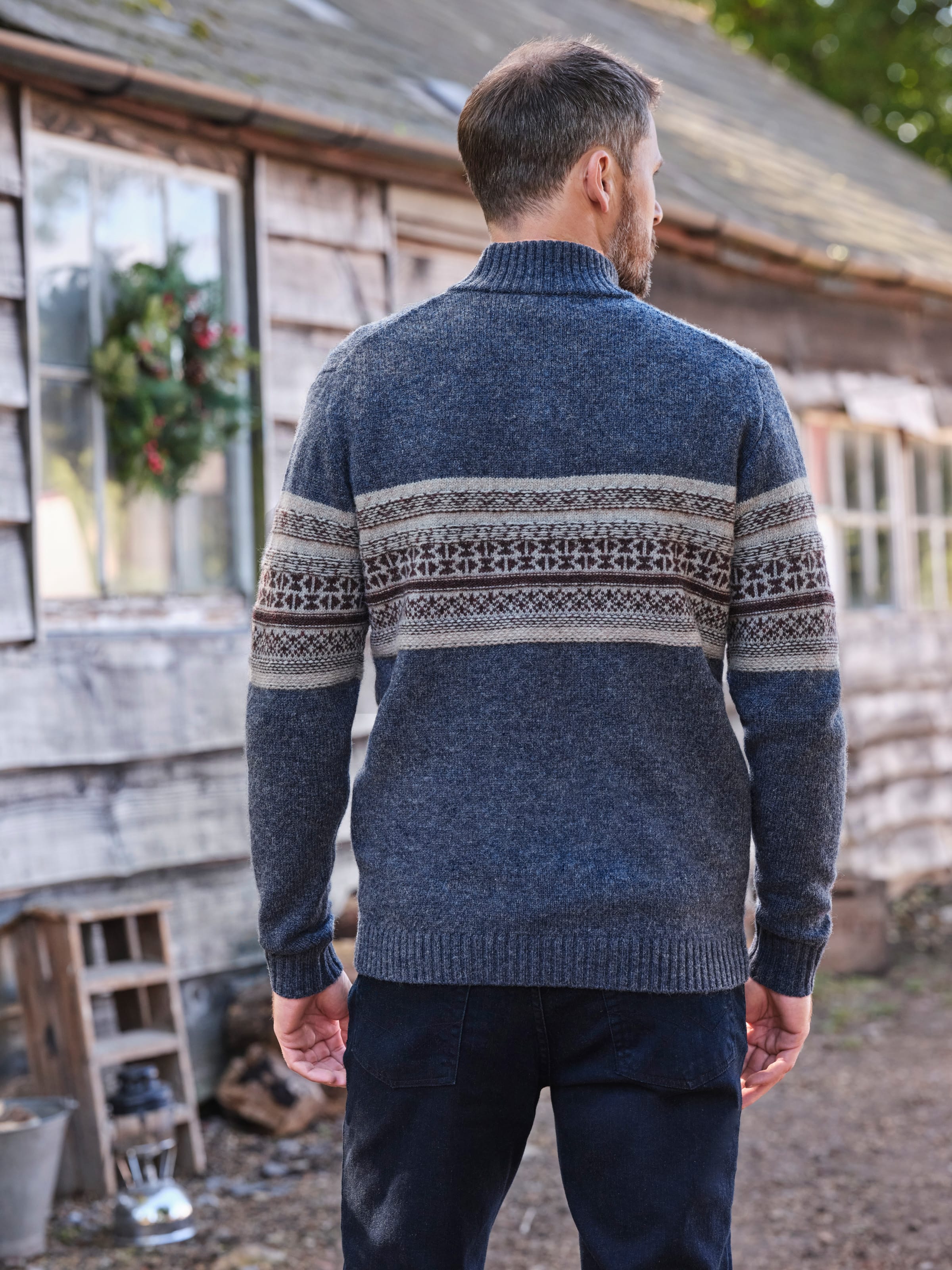 Denim Mens Half Zip Fairisle Jumper WoolOvers UK   112359 N52m Denim M 13 