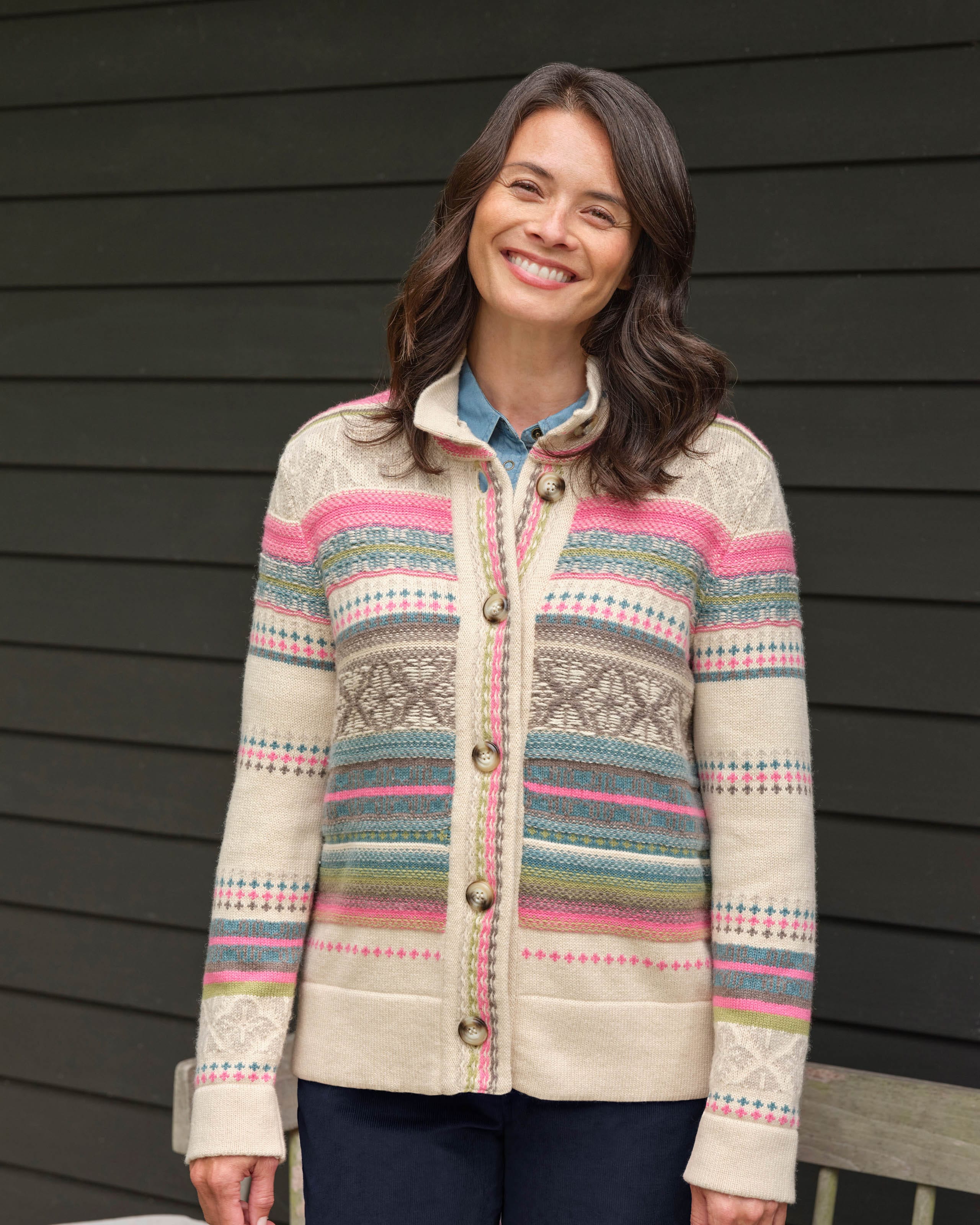 Multi | Textured Fairisle Stripe Cardigan | WoolOvers US