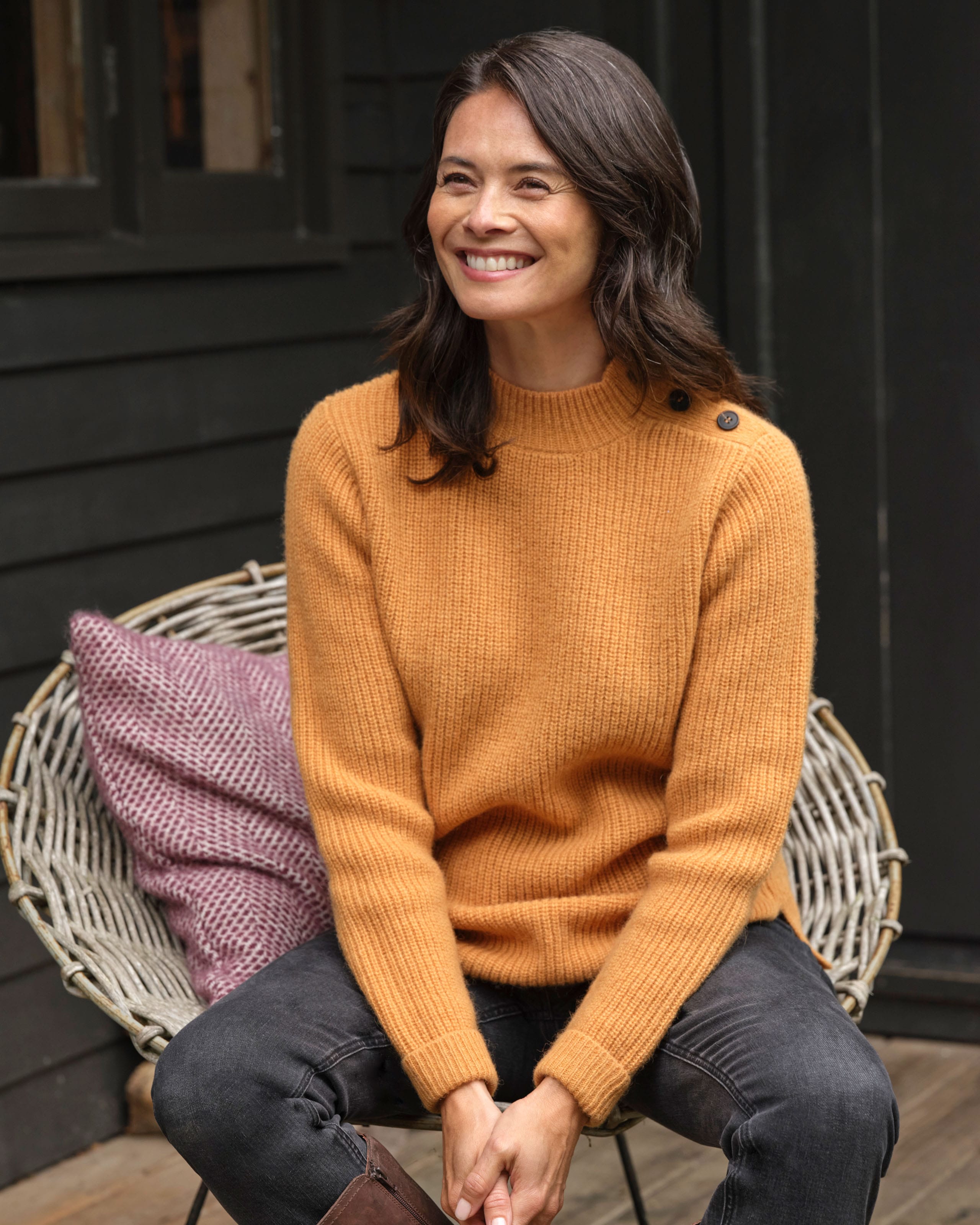 Pale Nutmeg Pure Wool Side Button Neck Jumper