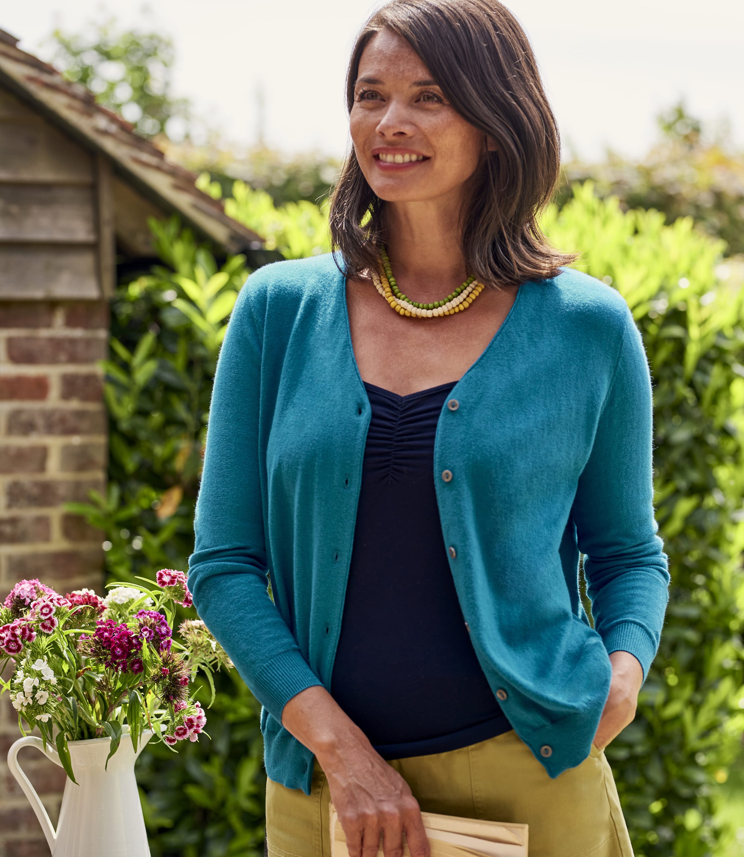 Teal | Silk & Cotton V Neck Cardigan | WoolOvers AU