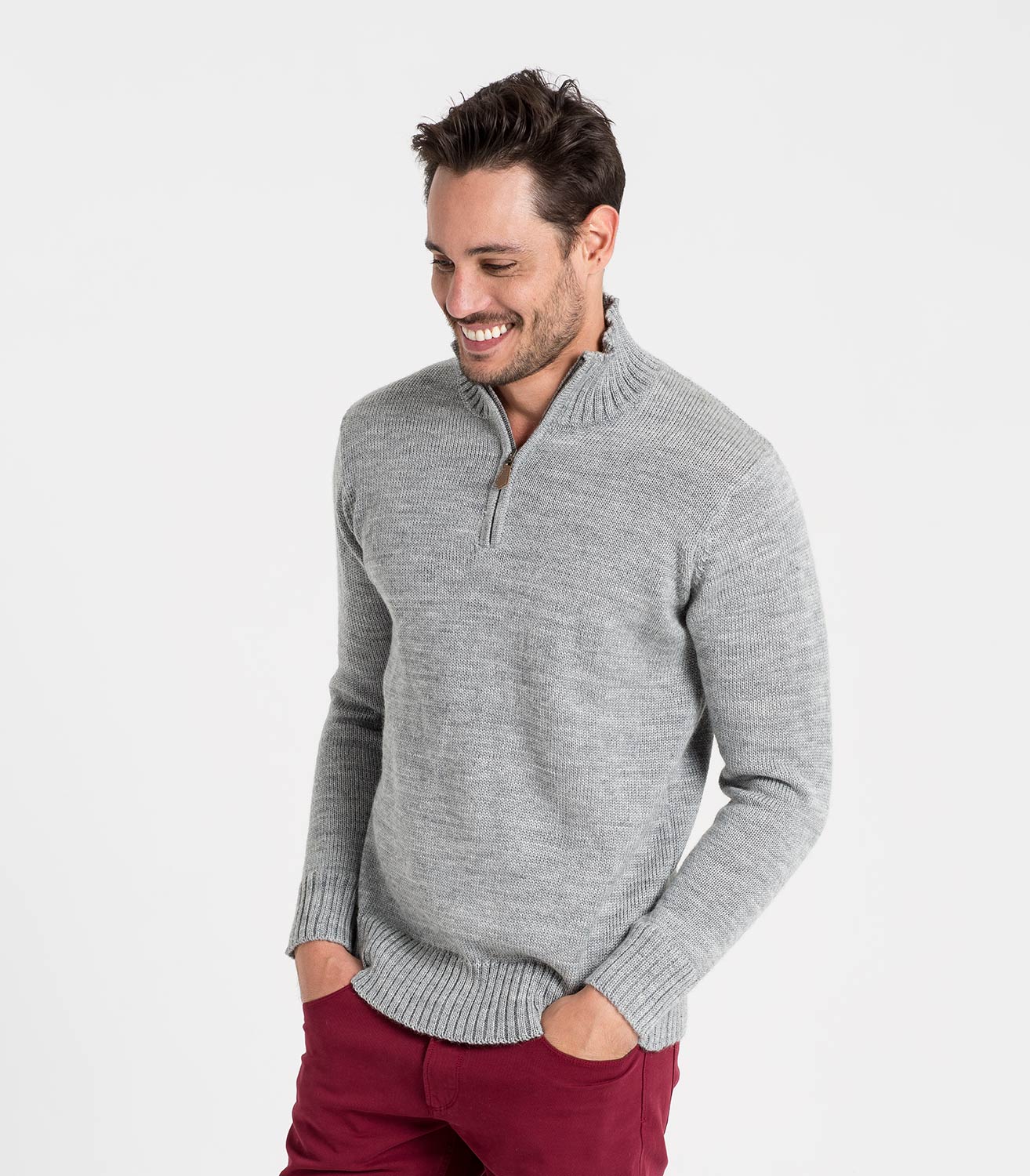 Flannel Grey | Mens Pure Wool Country Zip Neck Jumper | WoolOvers AU