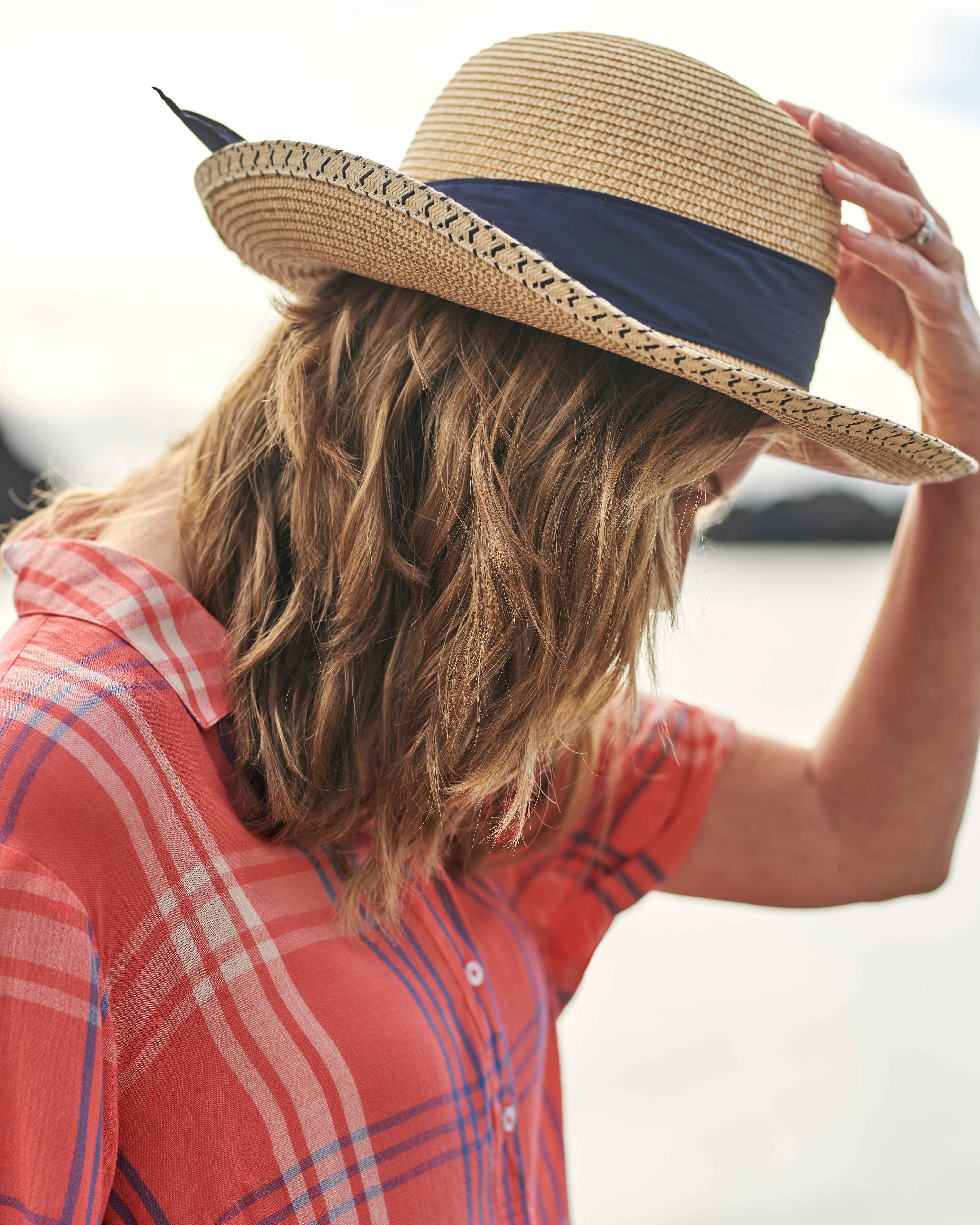 Natural/Navy Straw Fedora Hat with Tied Bow at Back WoolOvers US