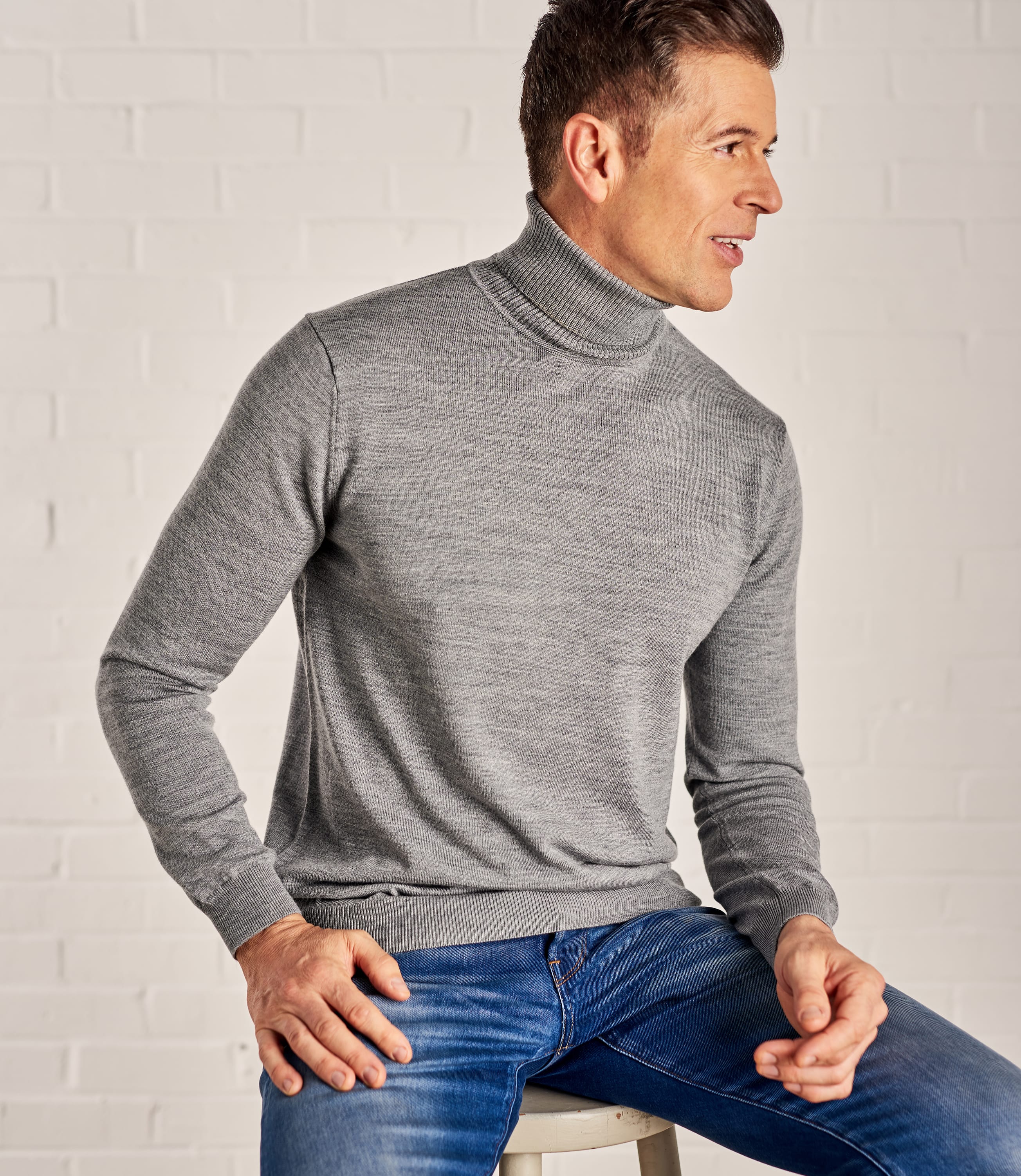 Grey Marl Mens 100 Merino Polo Neck Jumper WoolOvers UK