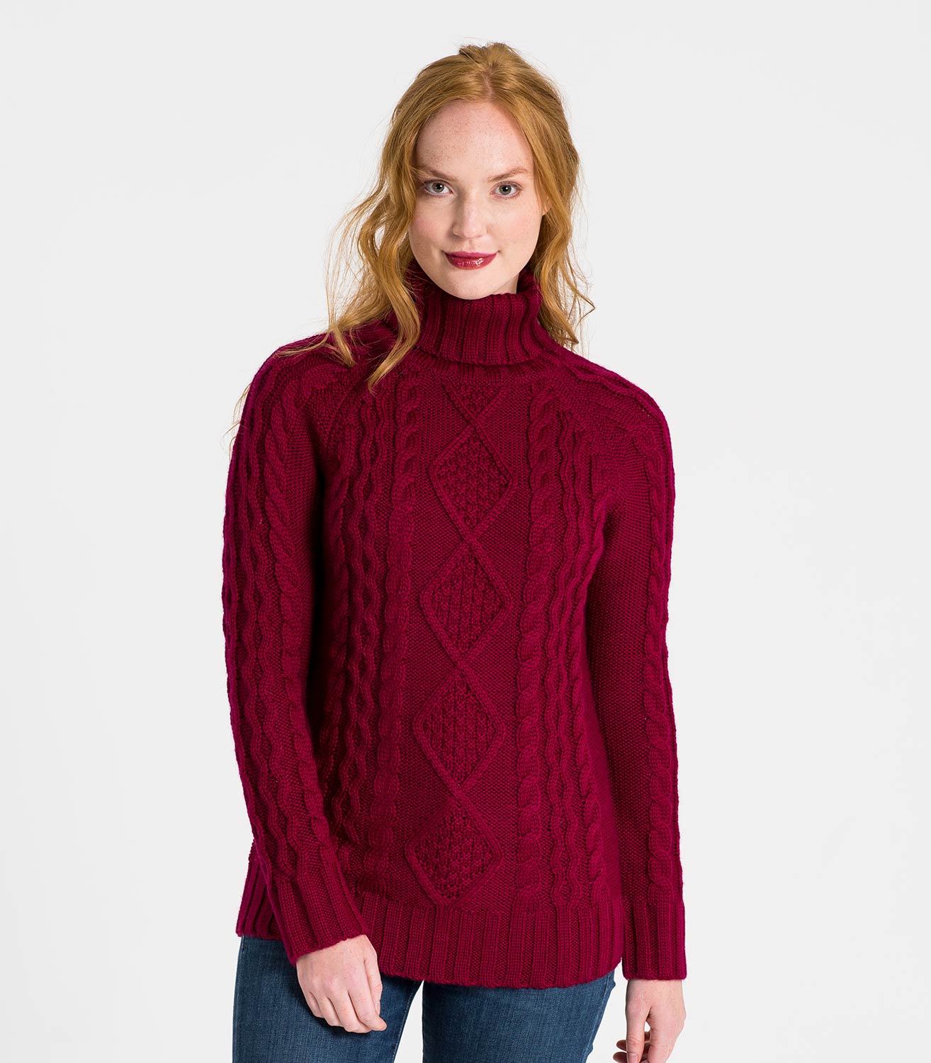 Burgundy Womens Pure Wool Aran Polo Neck Jumper WoolOvers UK