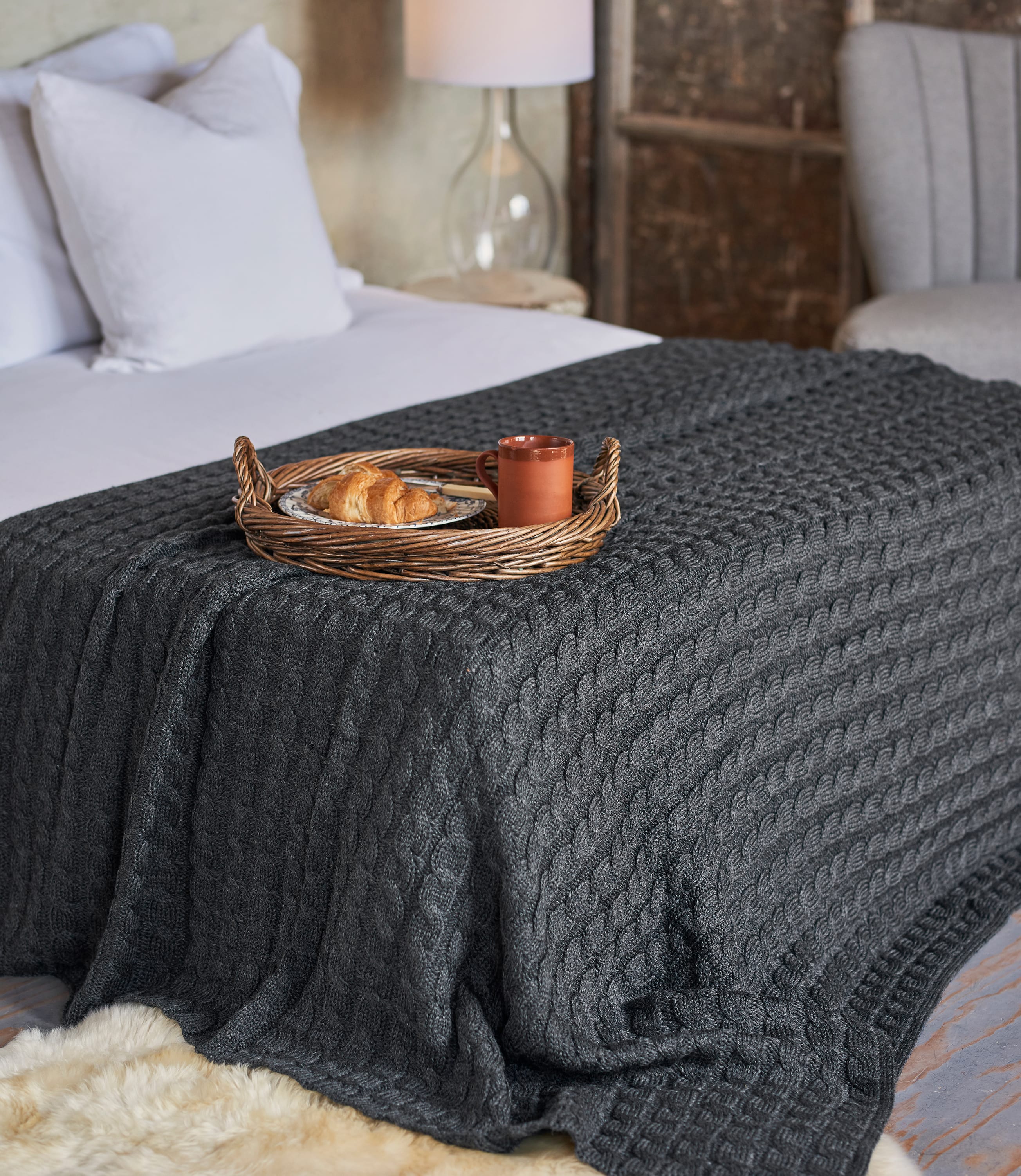 Charcoal | Pure Wool Chunky Cable Throw | WoolOvers UK