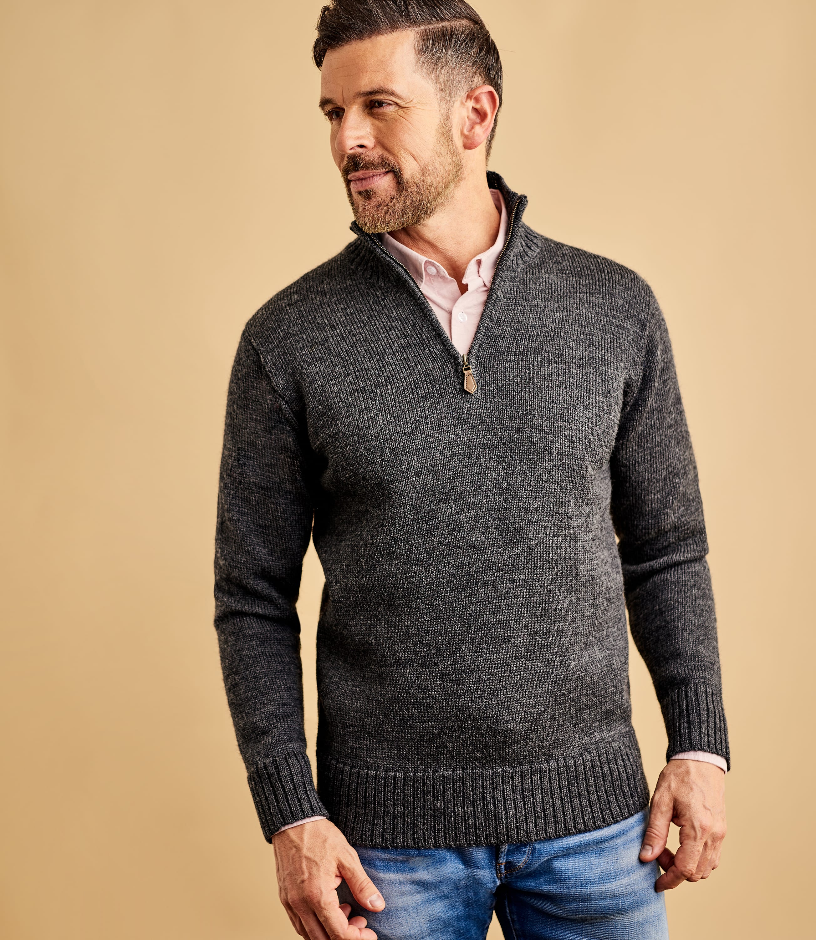 Charcoal Mens Pure Wool Country Zip Neck Jumper WoolOvers UK