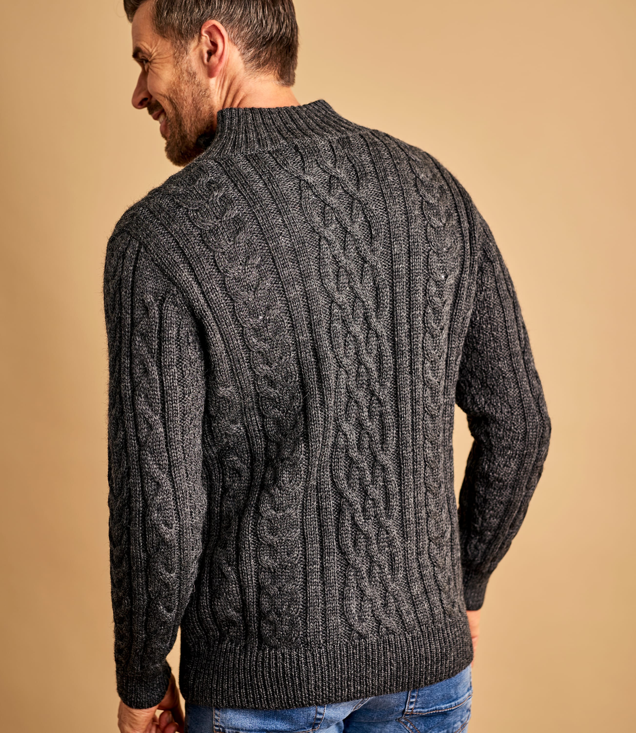 Charcoal | Mens Pure Wool Aran Cable Zip Neck Knitted Sweater ...