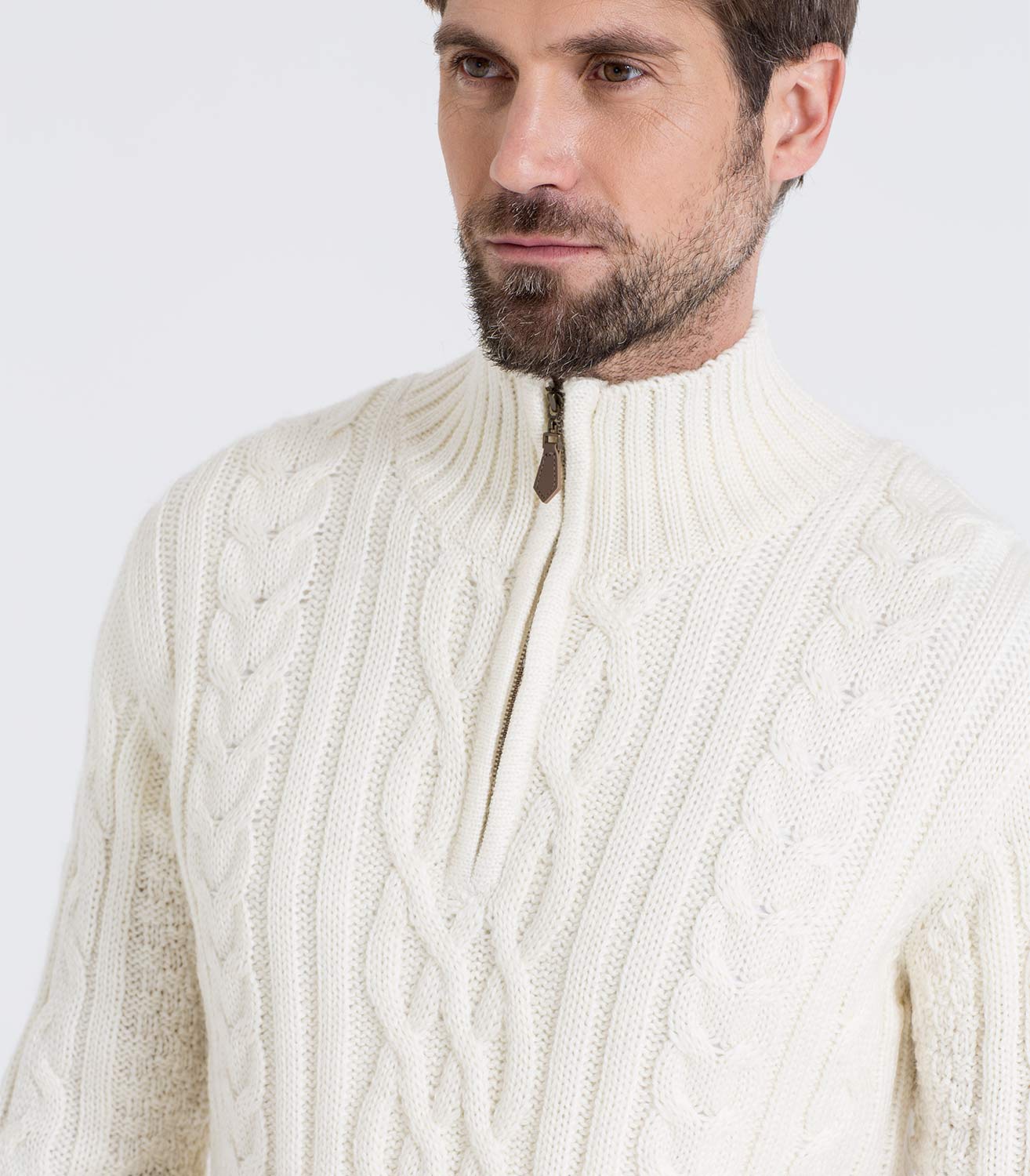 Cream | Mens Pure Wool Aran Cable Zip Neck Knitted Sweater | WoolOvers UK