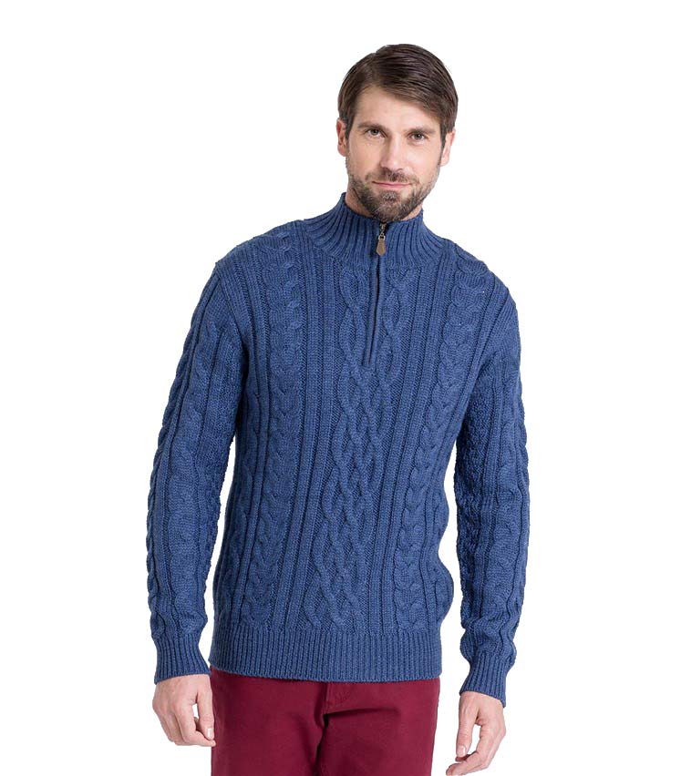 French Navy | Mens Pure Wool Aran Cable Zip Neck Knitted Sweater ...