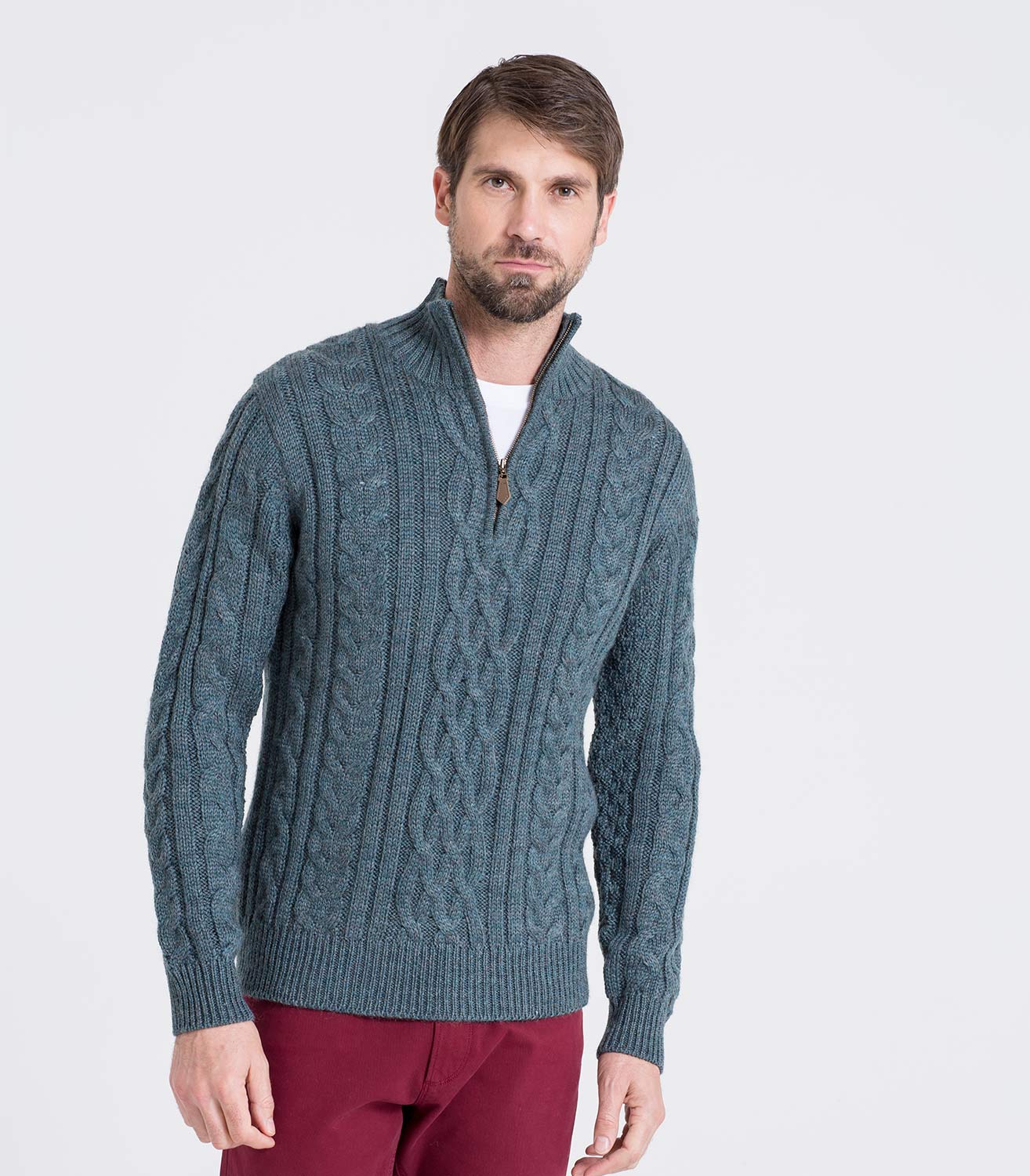 Kiltimagh Pure Wool Mens Pure Wool Aran Cable Zip Neck Knitted Sweater