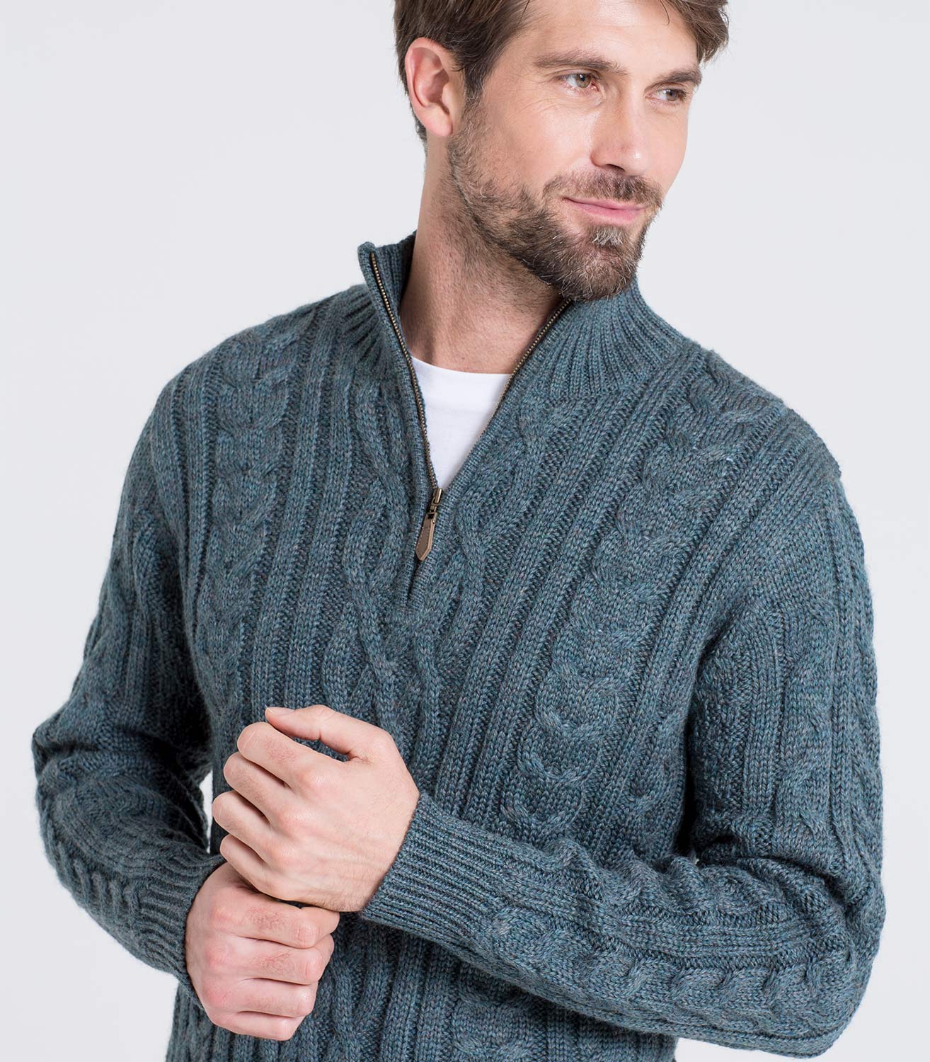 Kiltimagh Pure Wool | Mens Pure Wool Aran Cable Zip Neck Knitted Sweater