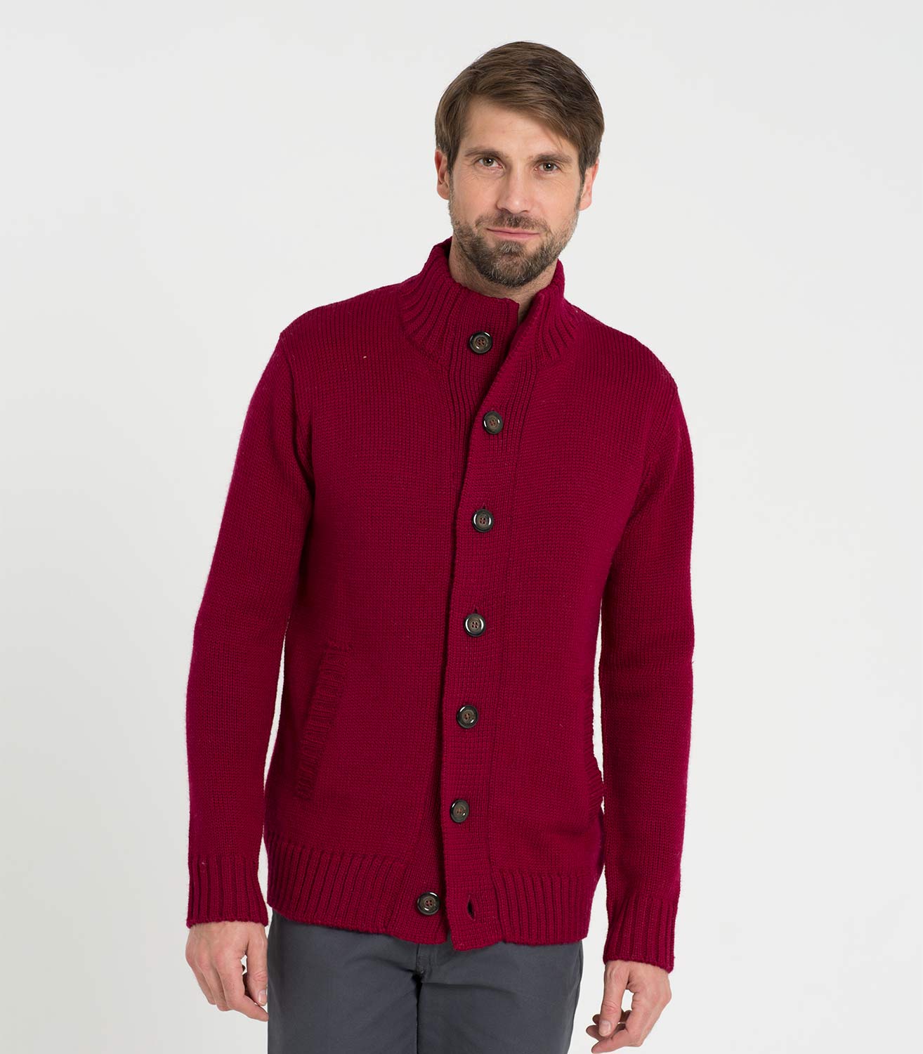 Burgundy | Mens Pure Wool Button Everyday Cardigan | WoolOvers US
