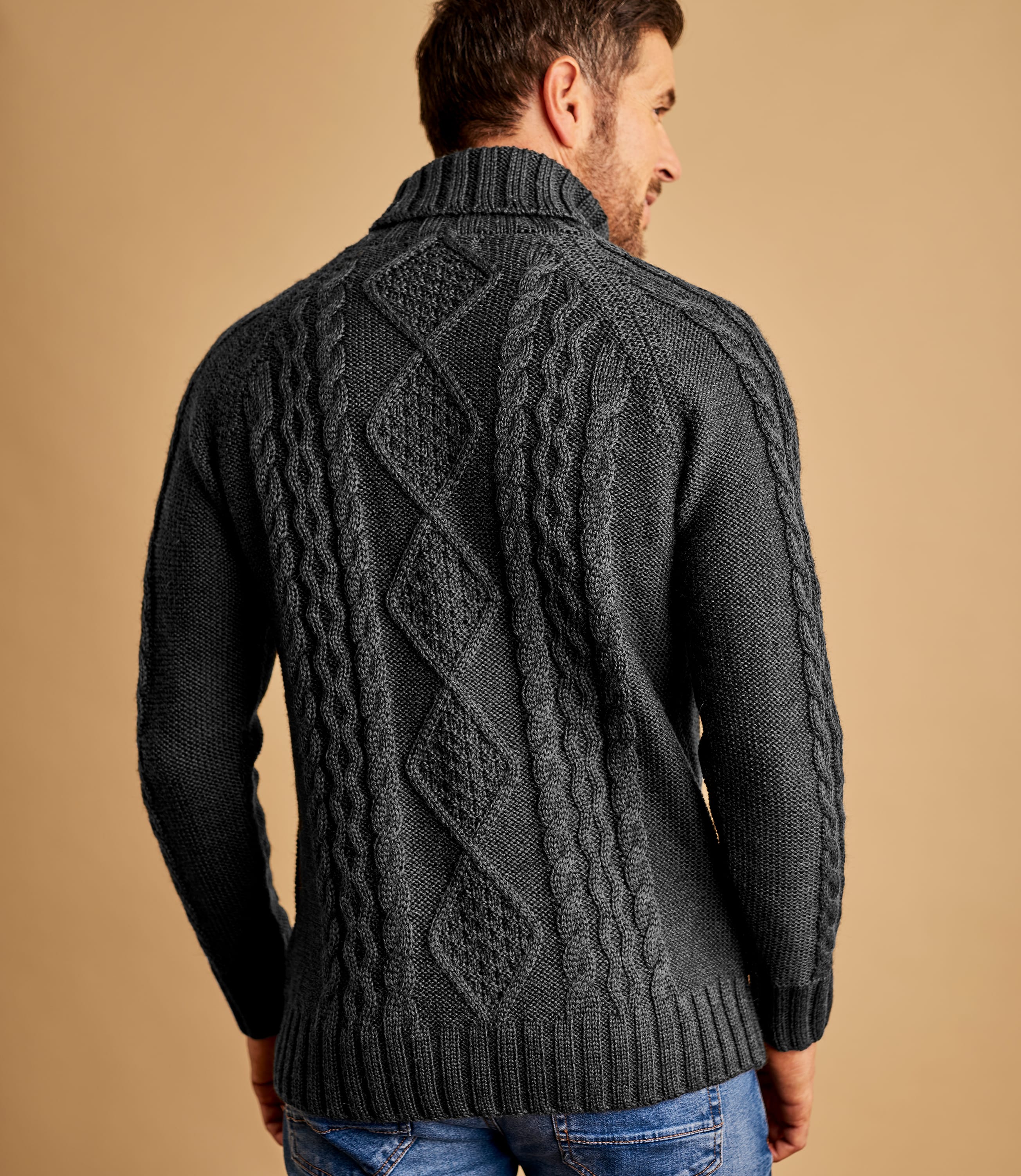 Charcoal | Mens Pure Wool Aran Polo Neck Jumper | WoolOvers AU